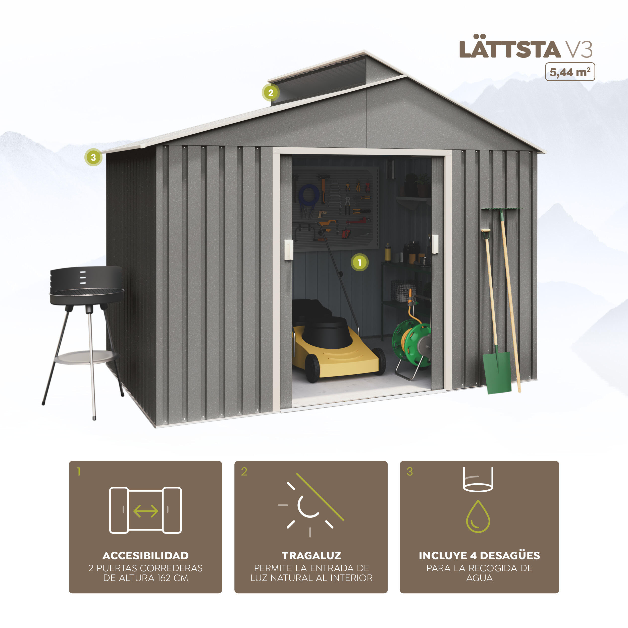 Caseta de metal Lattsta de 282x222x193 cm y 5.44 m2 con 0.25 mm espesor y doble puerta corredera HOGGAR - 7