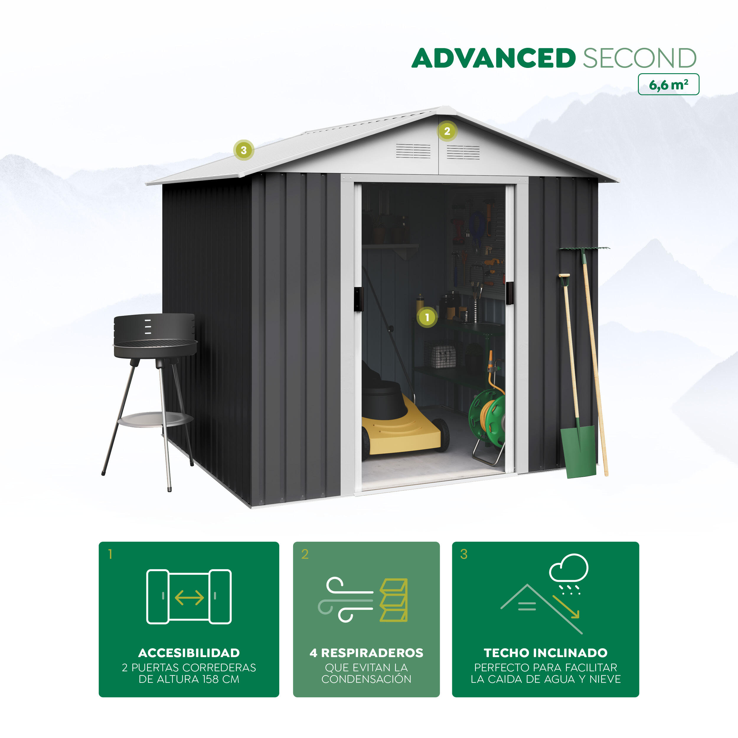 Caseta de metal Advanced Second de 238x199x238 cm y 6.6 m2 con 0.25 mm espesor y doble puerta corredera HOGGAR - 6