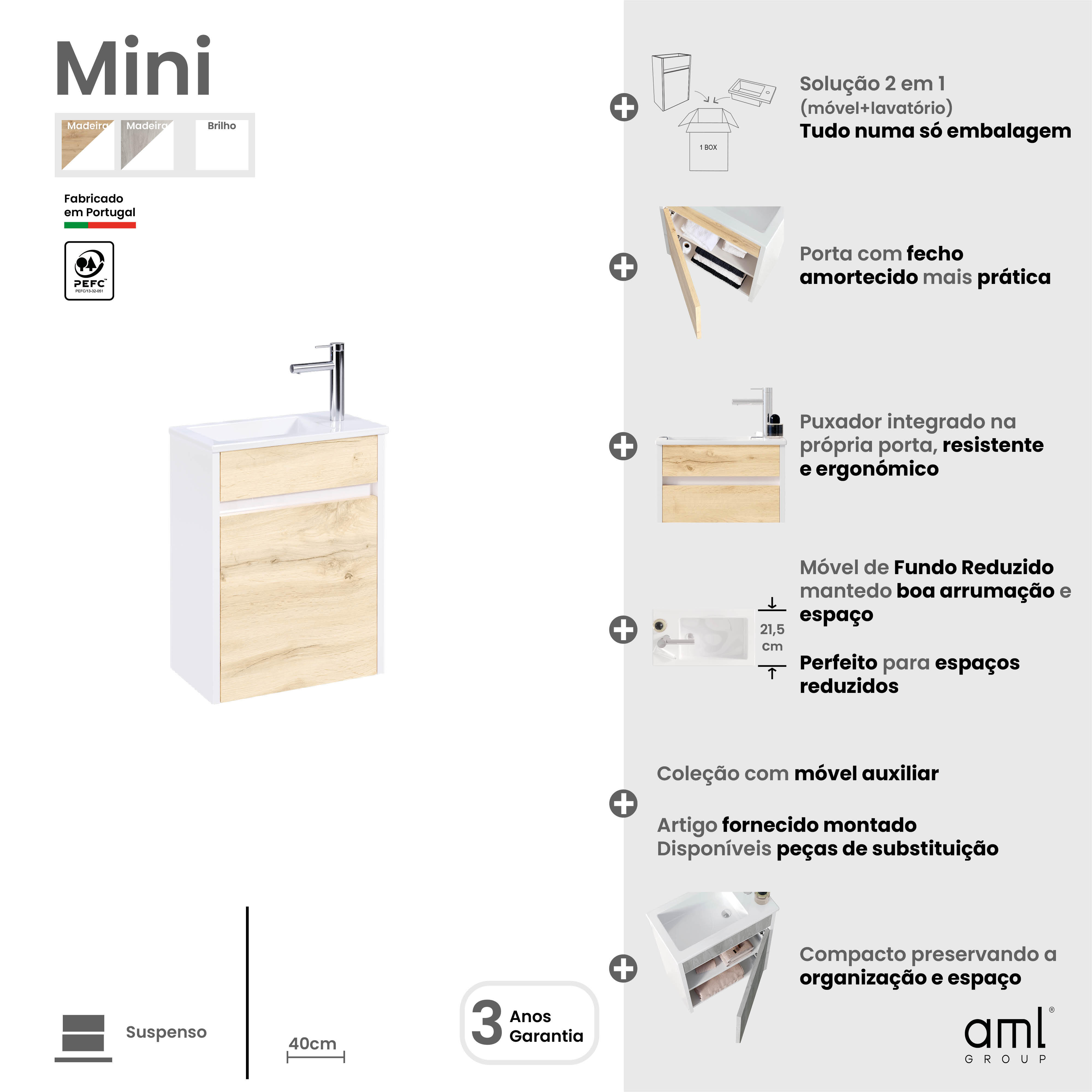 Móvel com lavatório MINI 40X22CM RESINA CARVALHO CINZENTO E BRANCO - 8
