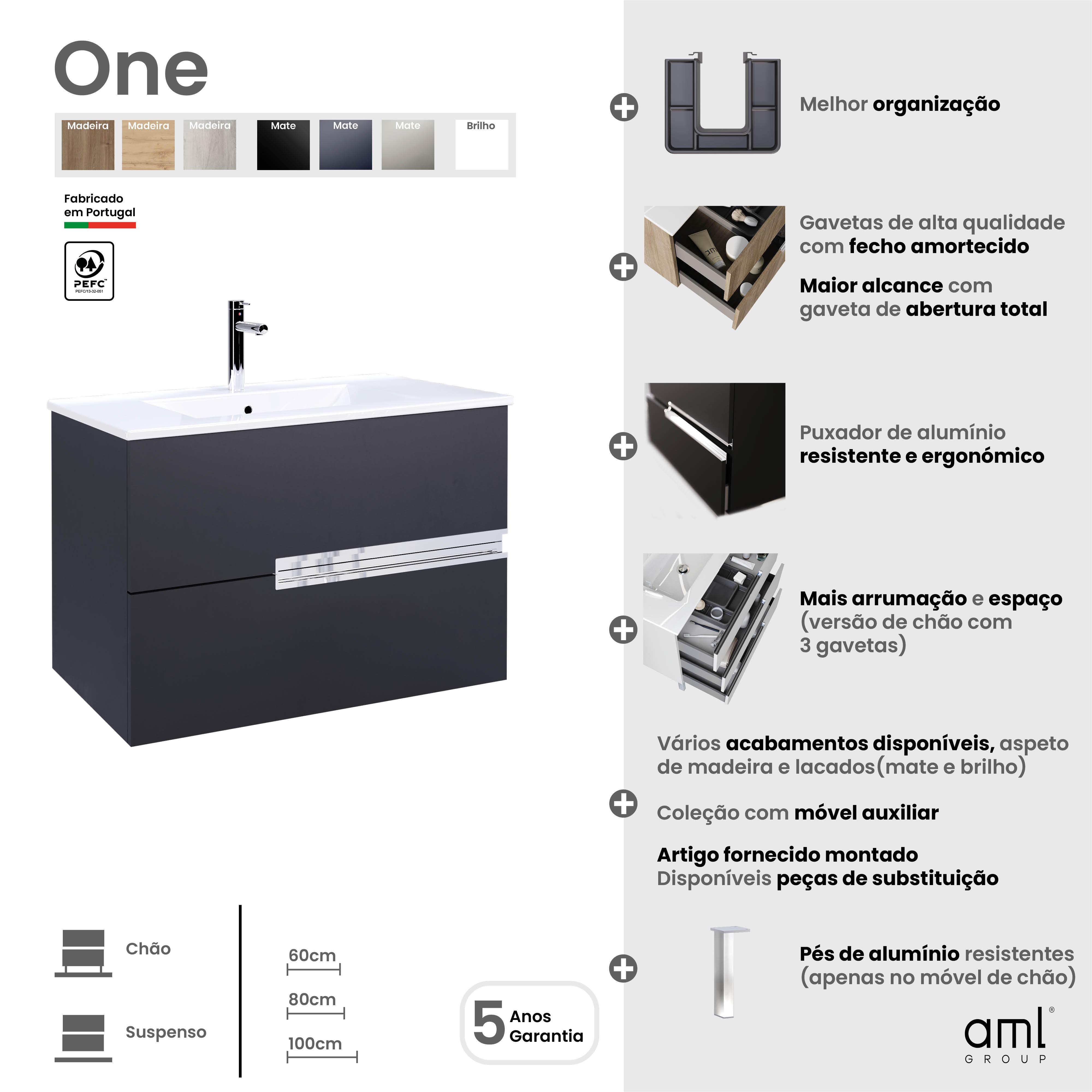 Móvel de casa de banho ONE 80 3 GAVETAS BRANCO - 9