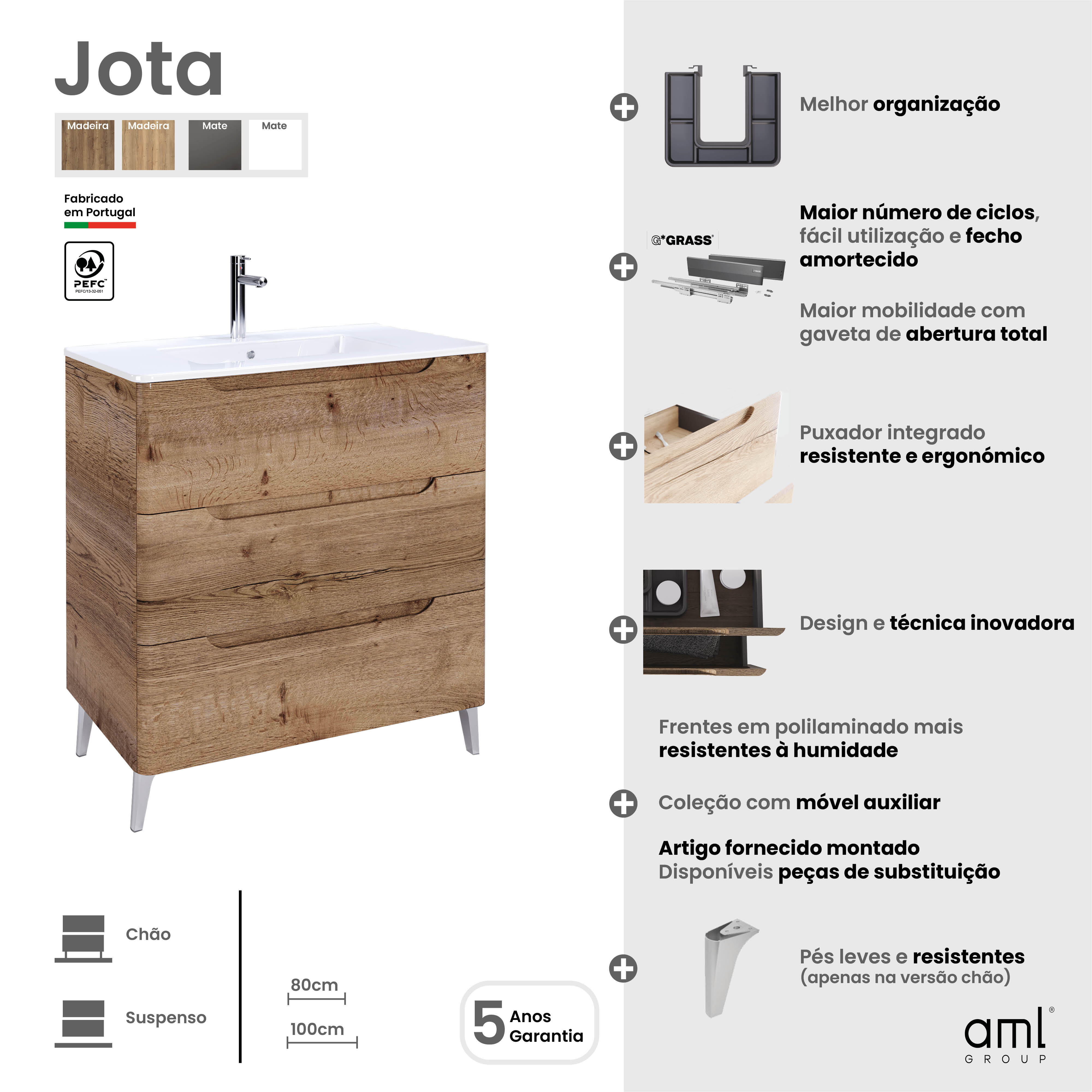 Móvel de casa de banho 2 gavetas 100X46X54 cm carvalho Aml Jota - 8