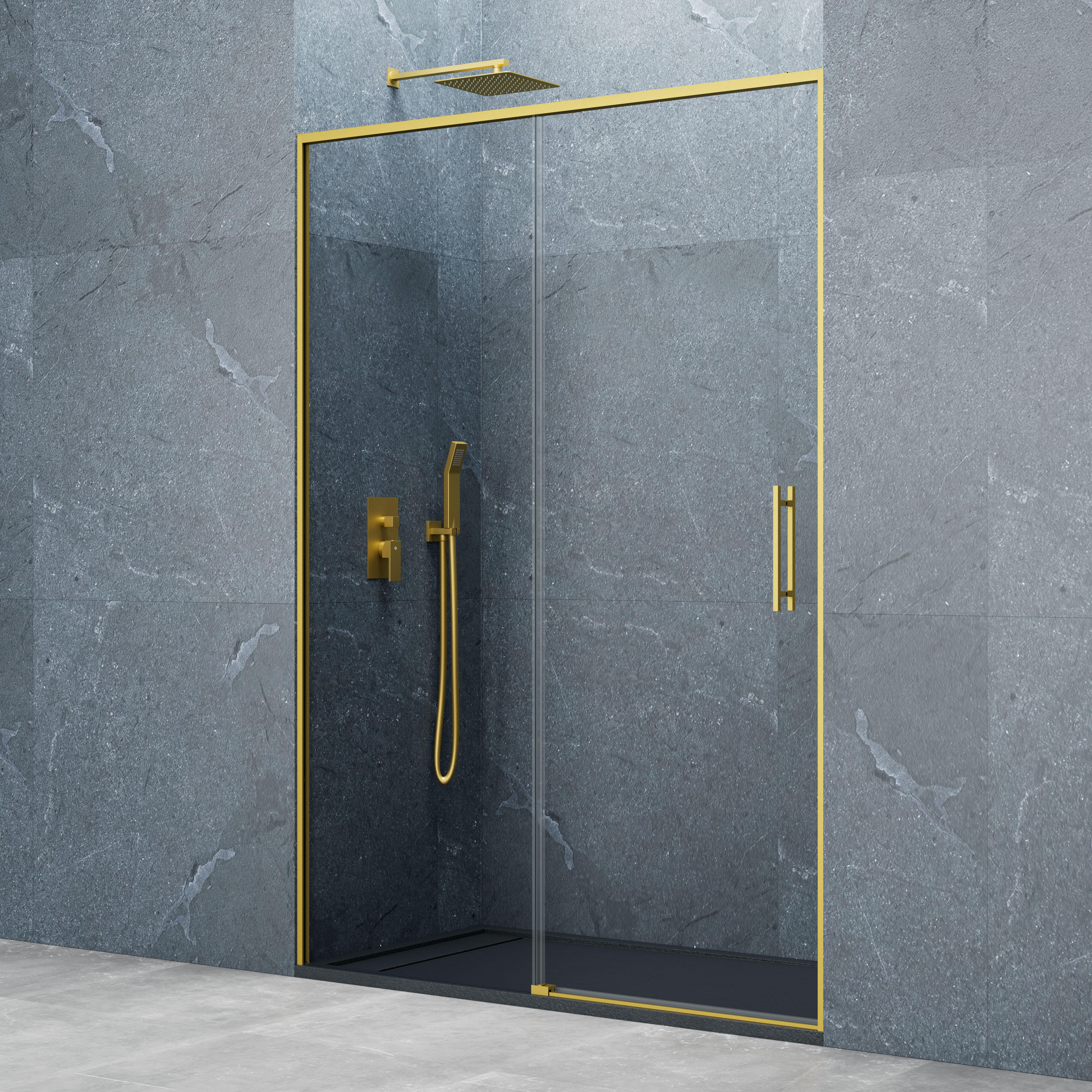 Mampara de ducha frontal 1 fijo + 1 puerta corredera transparente Slim perfil aluminio dorado (130-135)x195 cm cierre magnético marca GME - 5