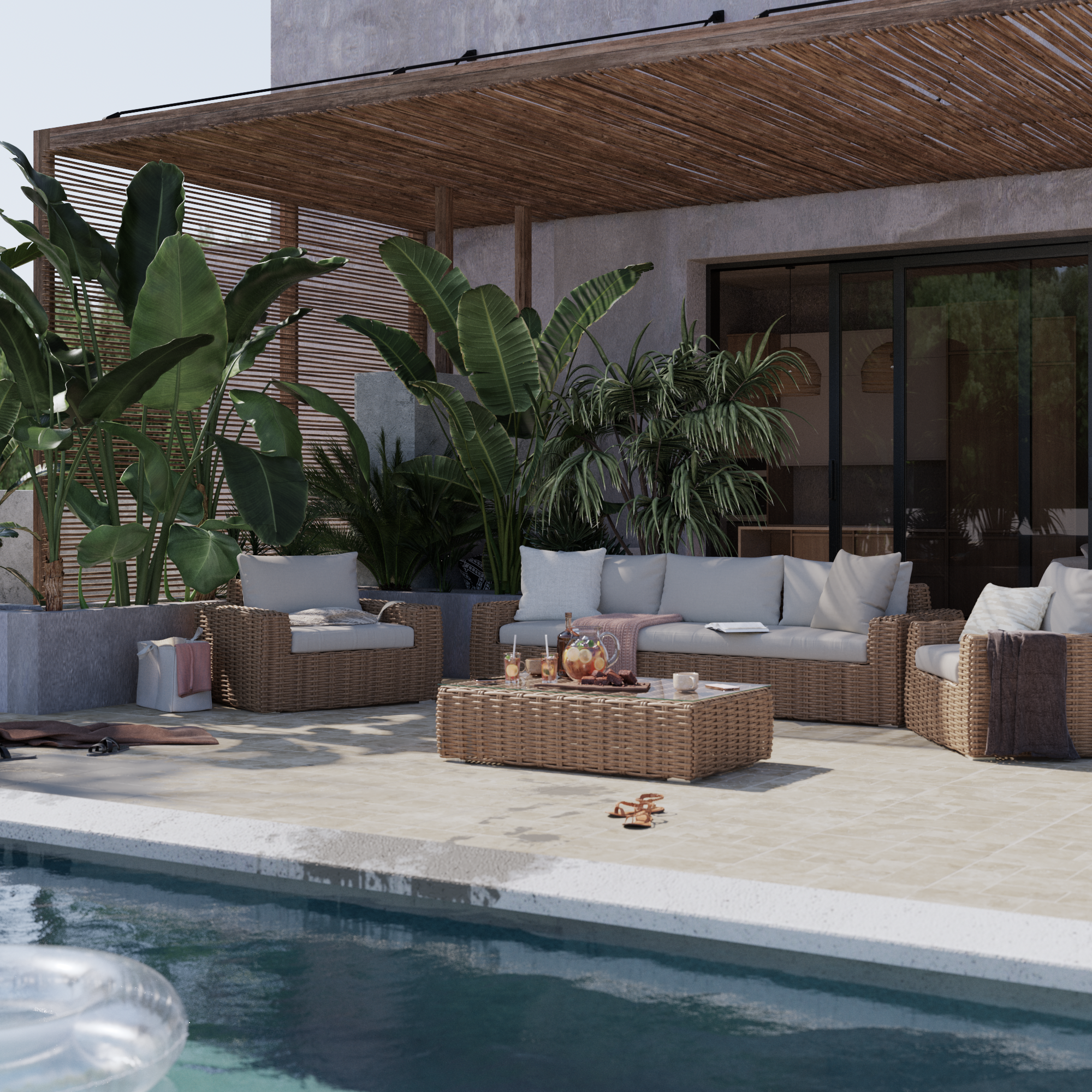 Sofá jardim rattan 3 pessoas castanho bege Ayamo Naterial - 4