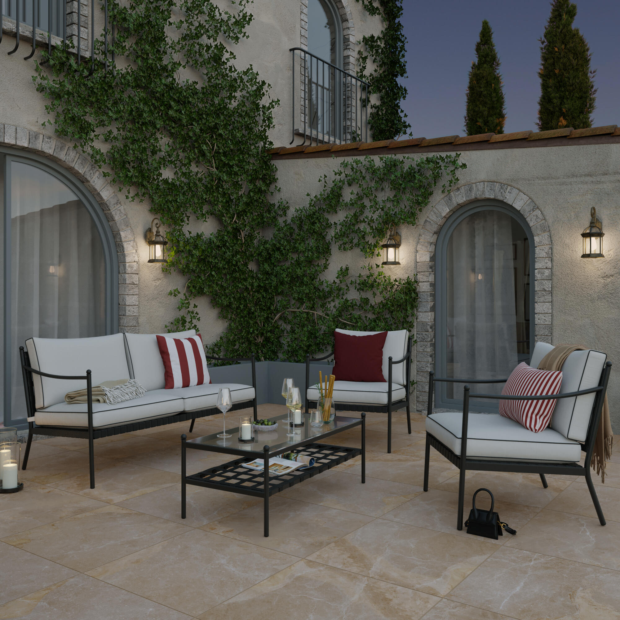 Salotto da giardino Victoria NATERIAL in n/a nero con cuscini in poliestere beige per 4 persone - 3