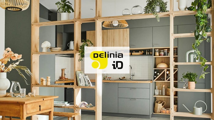 Cocina en kit Delinia ID Soho negro mate 240cm con muebles altos y