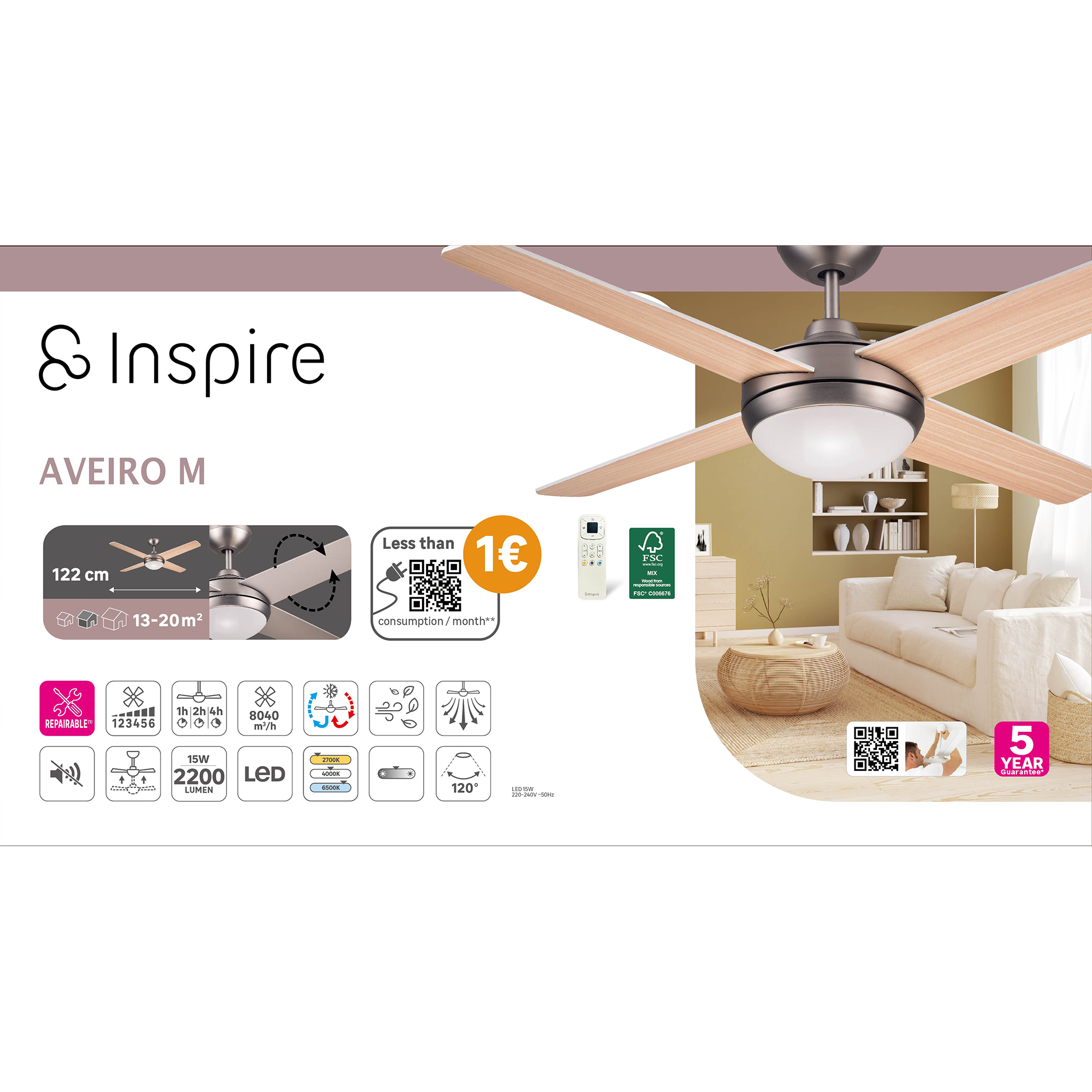 Ventilador de techo con luz silencioso DC Inspire Aveiro gris/beige 122 cm - 13