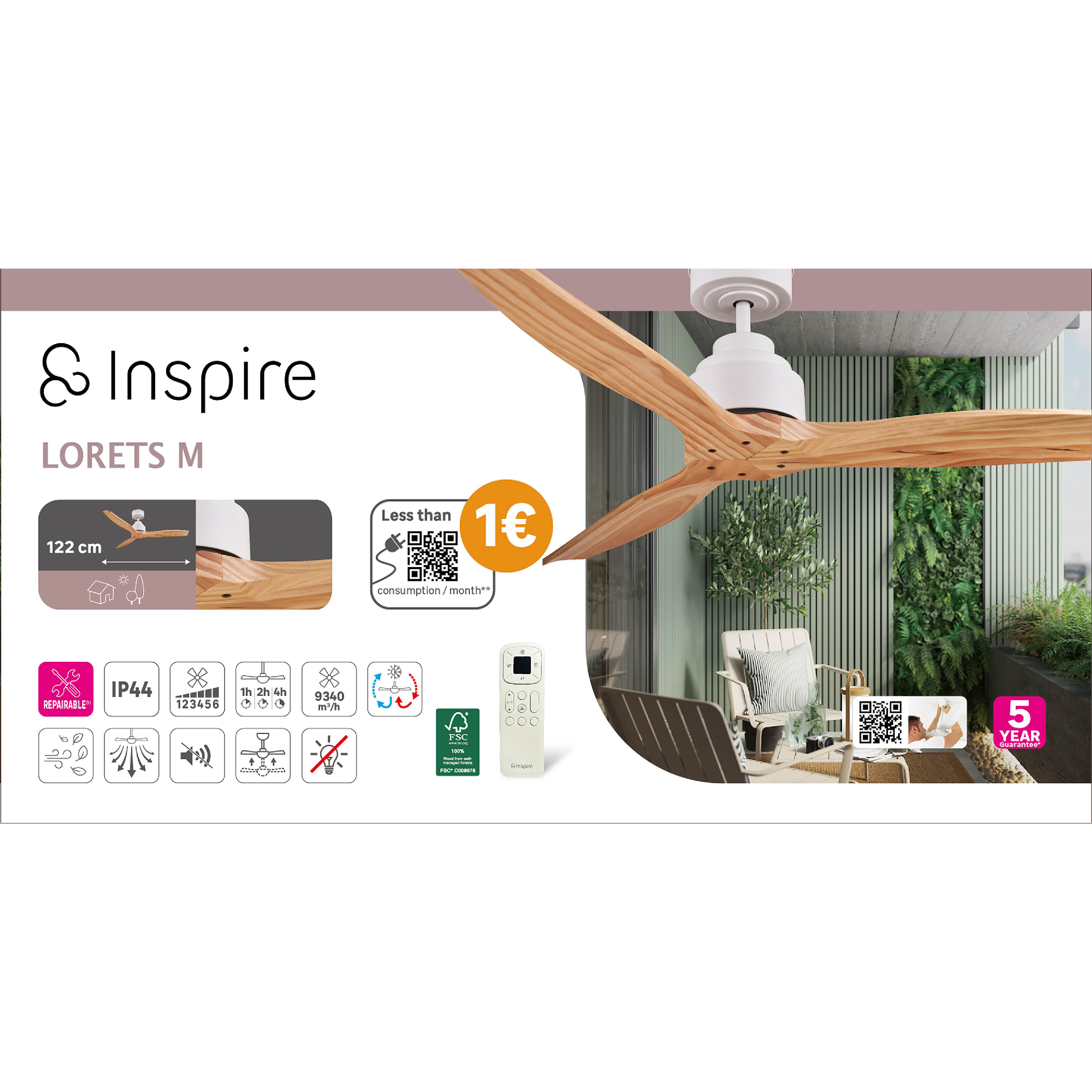 Ventilador de techo sin luz silencioso DC exterior Inspire Loret beige/blanco 122 cm - 11