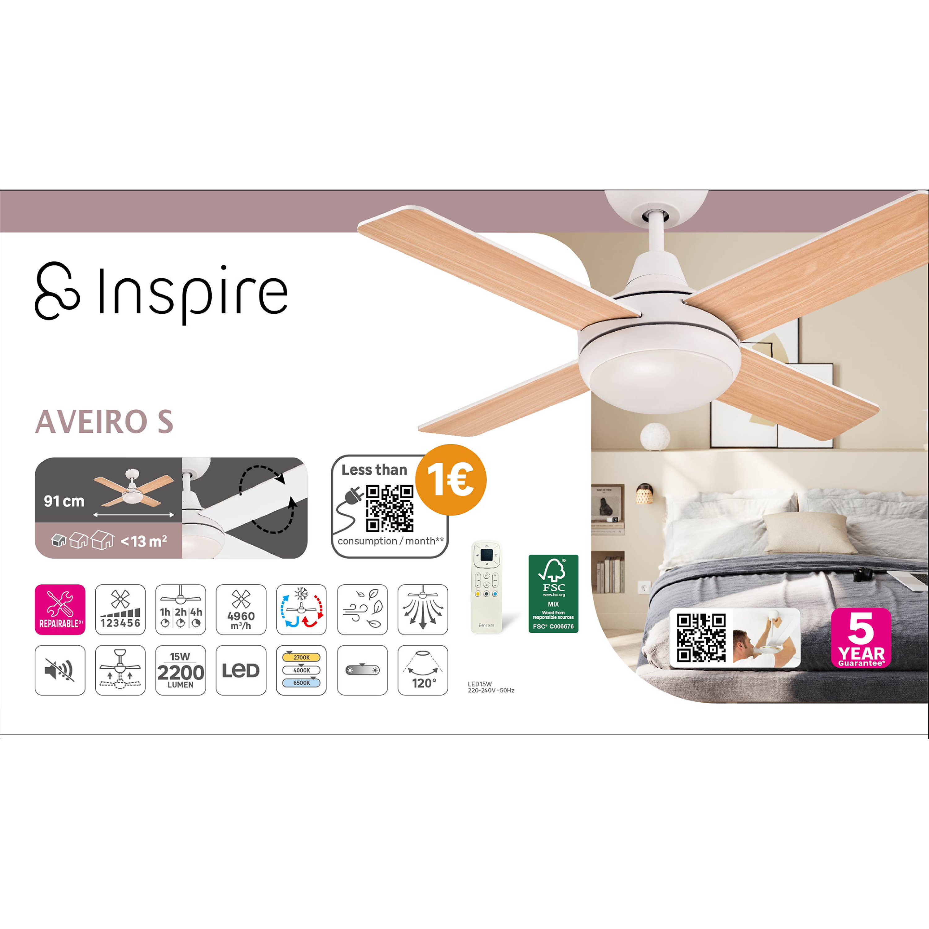 Ventoinha de teto com lâmpada silenciosa D91 2200 Lm CCT regulável branco madeira Aveiro Inspire
 - 9
