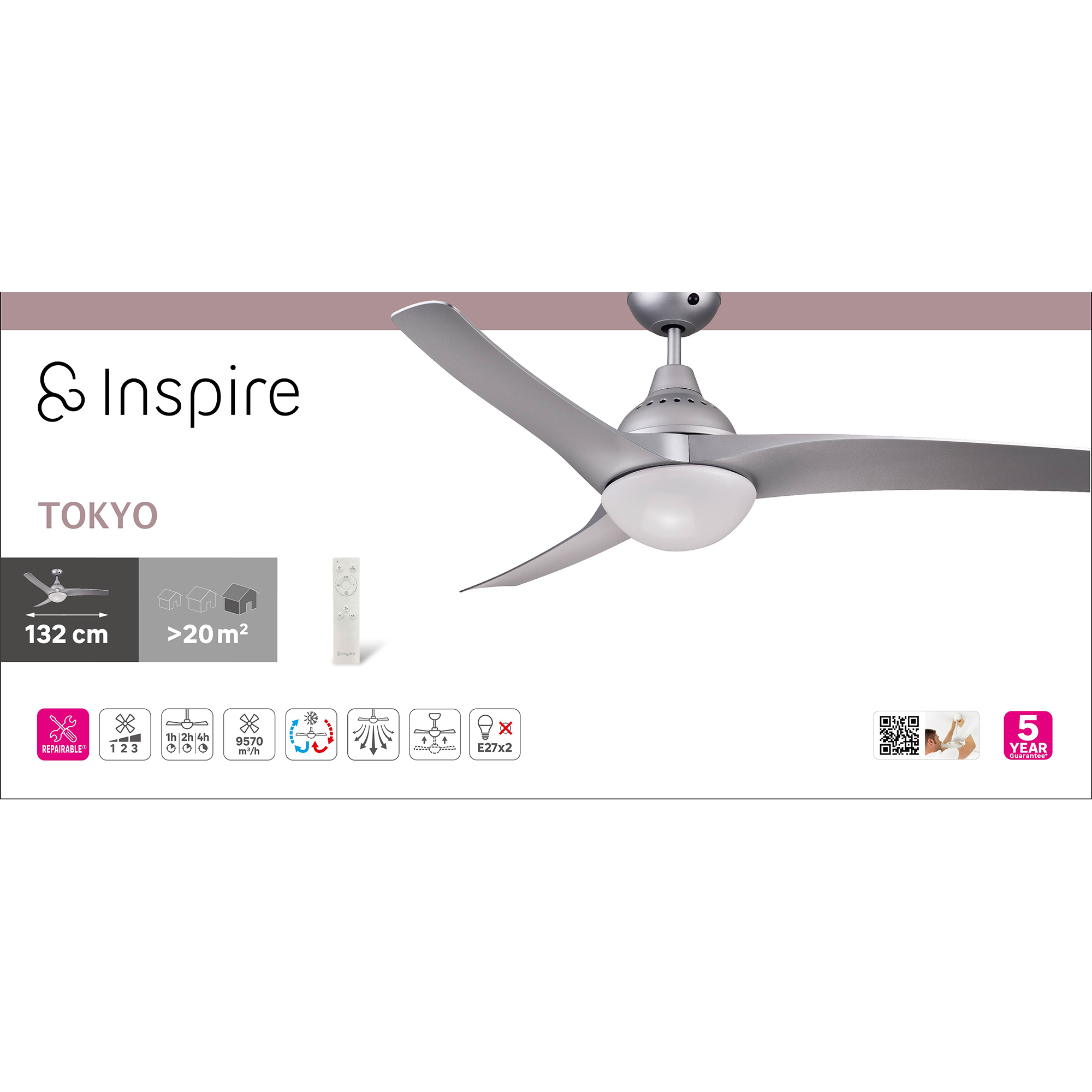 Ventoinhas de teto com 3 pás sem lâmpada motor AC Tokio Inspire d132 cm cinzento - 6