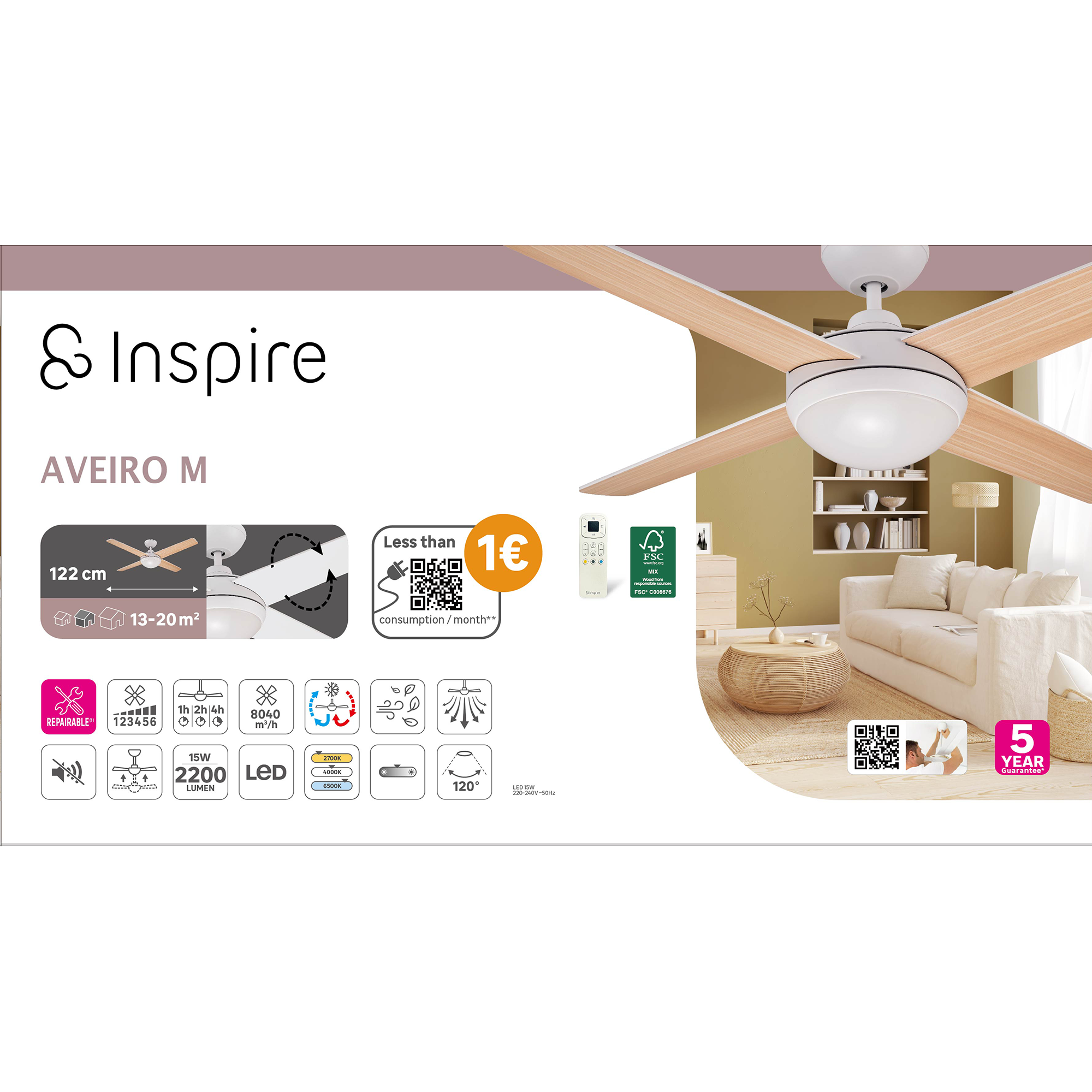 Ventilateur de plafond LED silencieux, Aveiro M, 122 cm, INSPIRE, blanc et bois - 11
