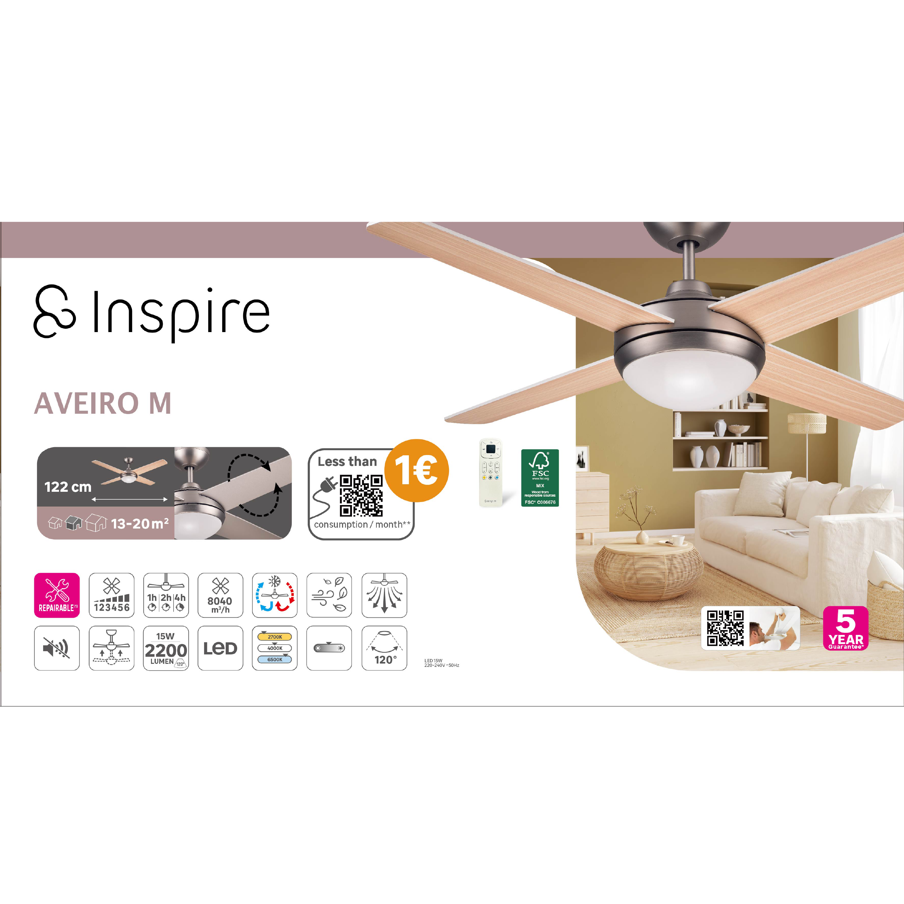 Ventoinha de teto com lâmpada silenciosa D91 2200 Lm CCT regulável branco madeira Aveiro Inspire
 - 14
