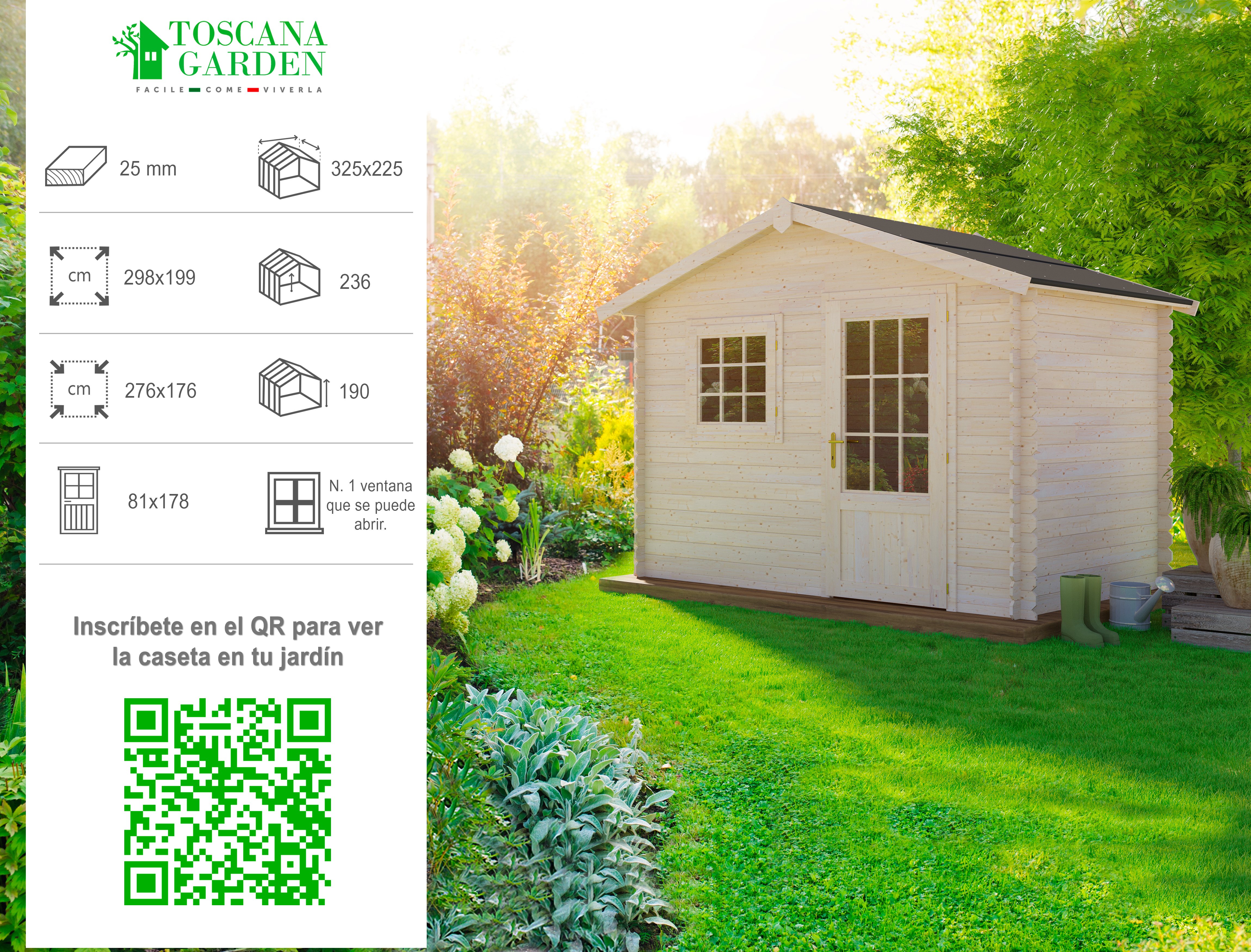 Caseta de madera Augusta de 315x236x227 cm y 5.9 m2 con 25 mm espesor y puerta abatible TOSCANA GARDEN - 9