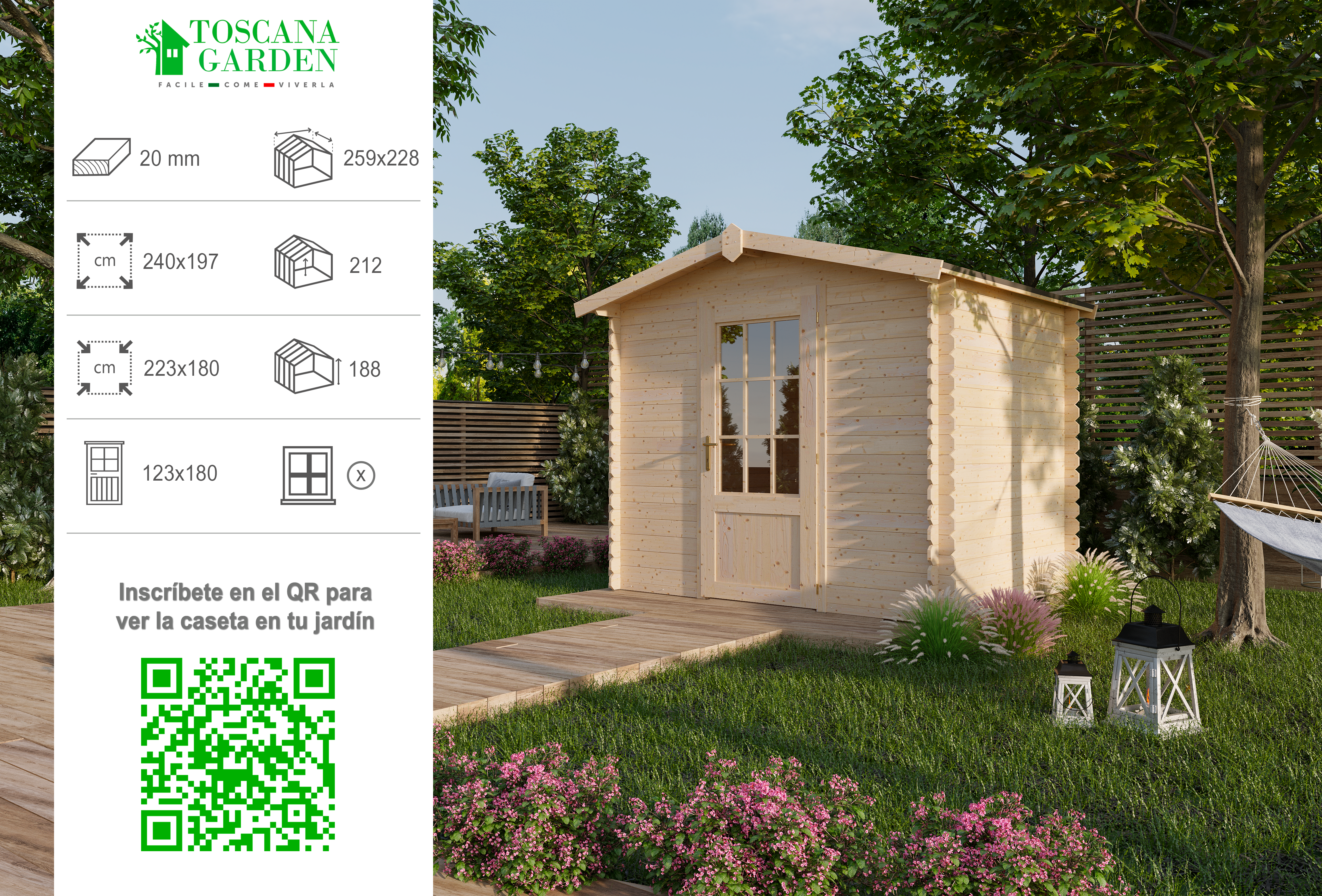 Caseta de madera Ischia de 254x218x220 cm y 4.75 m2 con 20 mm espesor y doble puerta abatible TOSCANA GARDEN - 9