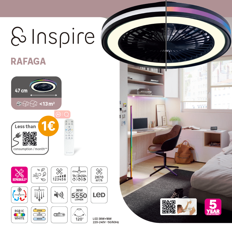 Ventilateur de plafond LED silencieux, Rafaga, 47 cm, INSPIRE, noir - 9