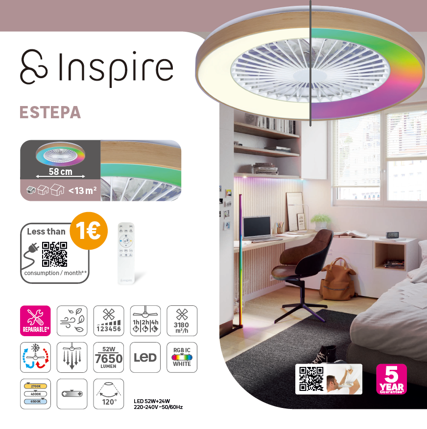 Ventilateur de plafond LED, Estepa, D58 cm, INSPIRE, bois - 9