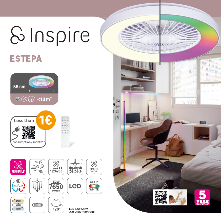 Ventoinha led Inspire Estepa 57cm 5940lm rgb branco - 7