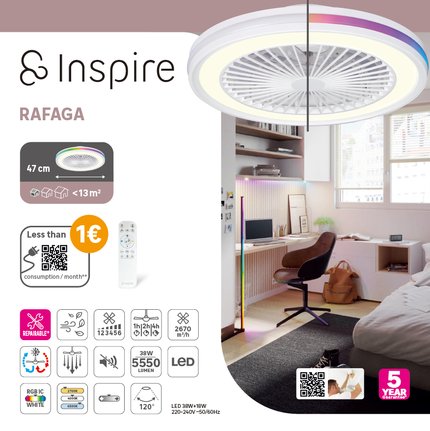Ventilador de techo con luz sin aspas silencioso DC 18W con mando ø47 cm Rafaga INSPIRE blanco luz CCT 6 velocidades| modo verano/invierno| brisa| temporizador| recomendado para <13m² - 7