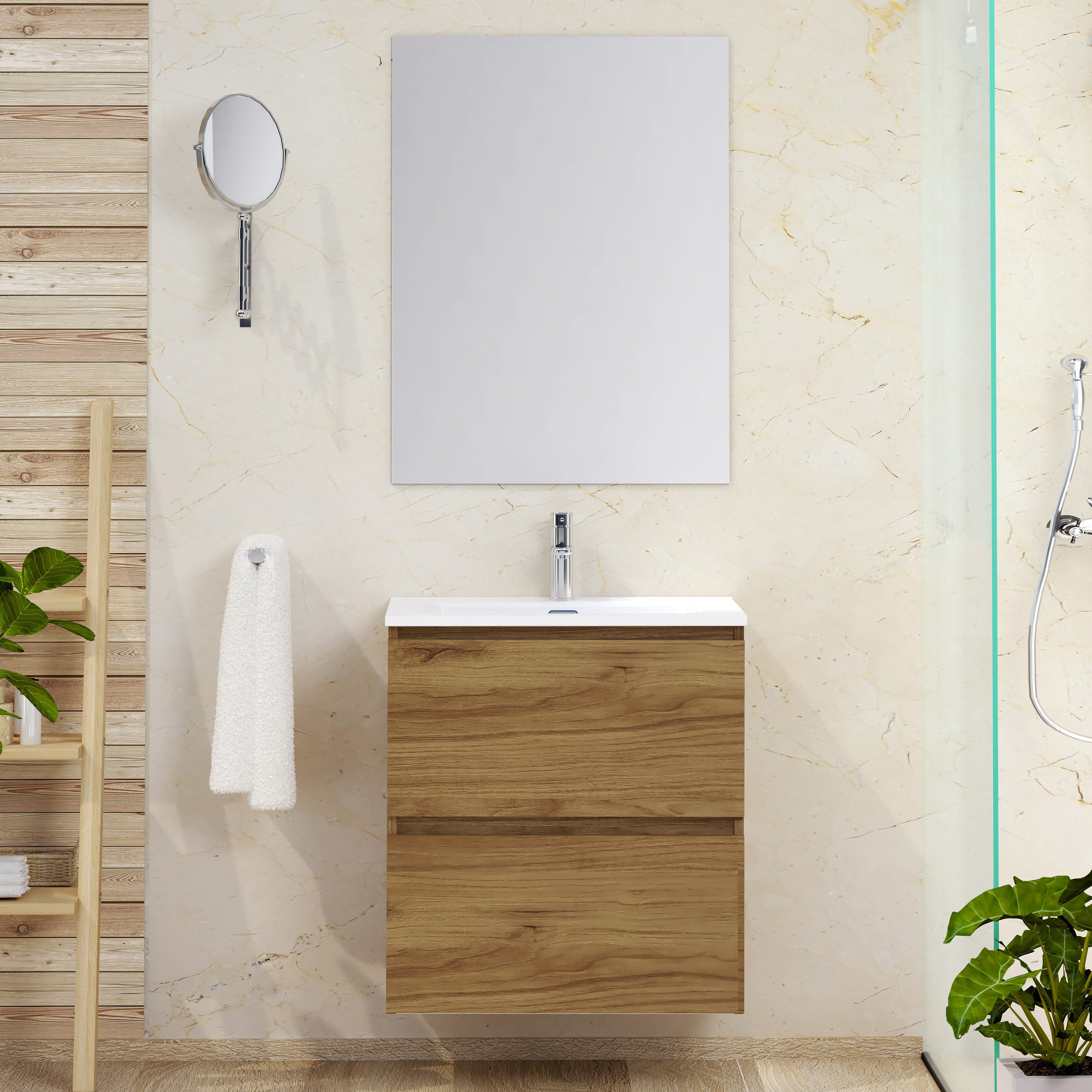 Mueble de baño con lavabo y espejo two teca natural mate 60x46 cm