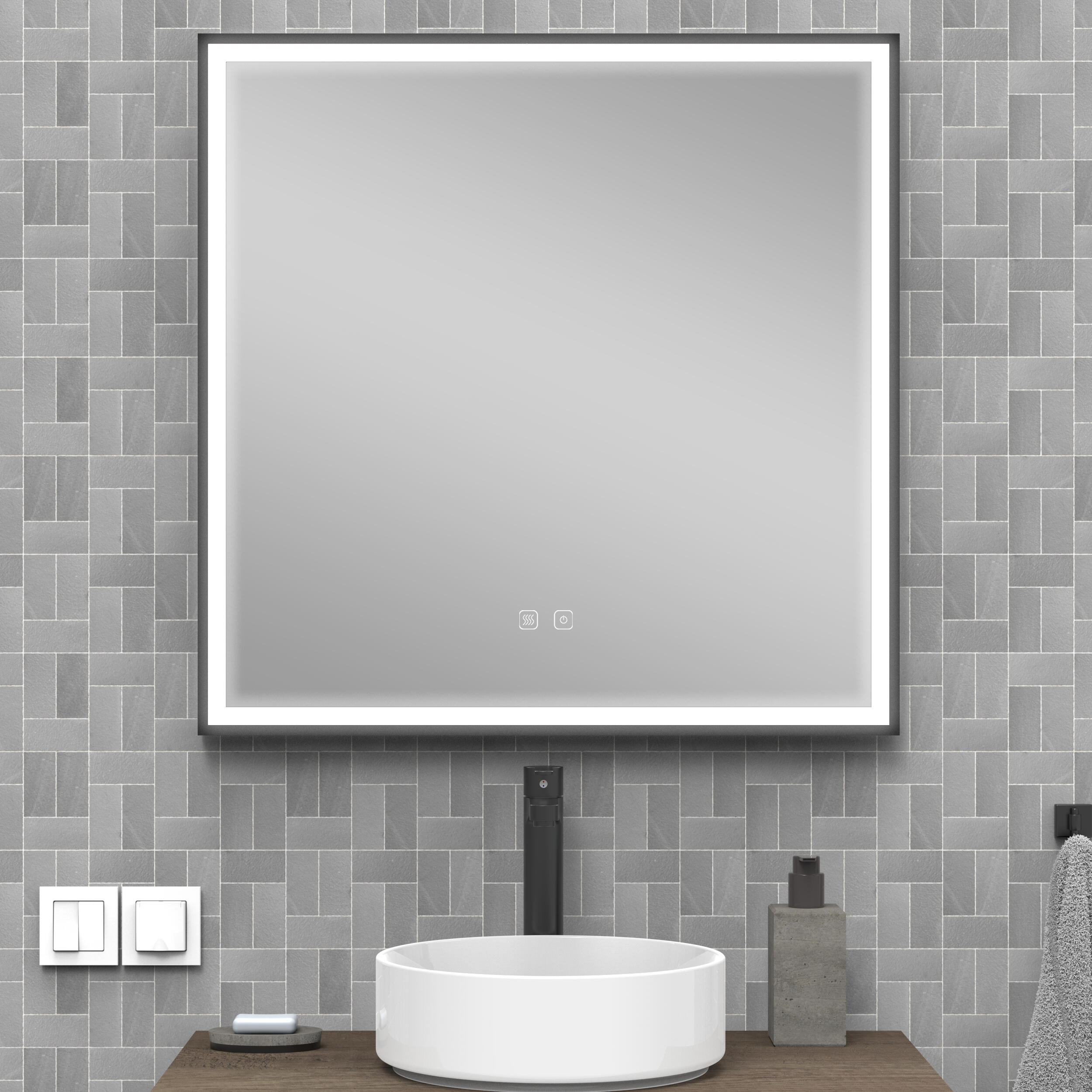 Espejo de baño con luz led espejo rec led black negro con antivaho, táctil 80x80cm