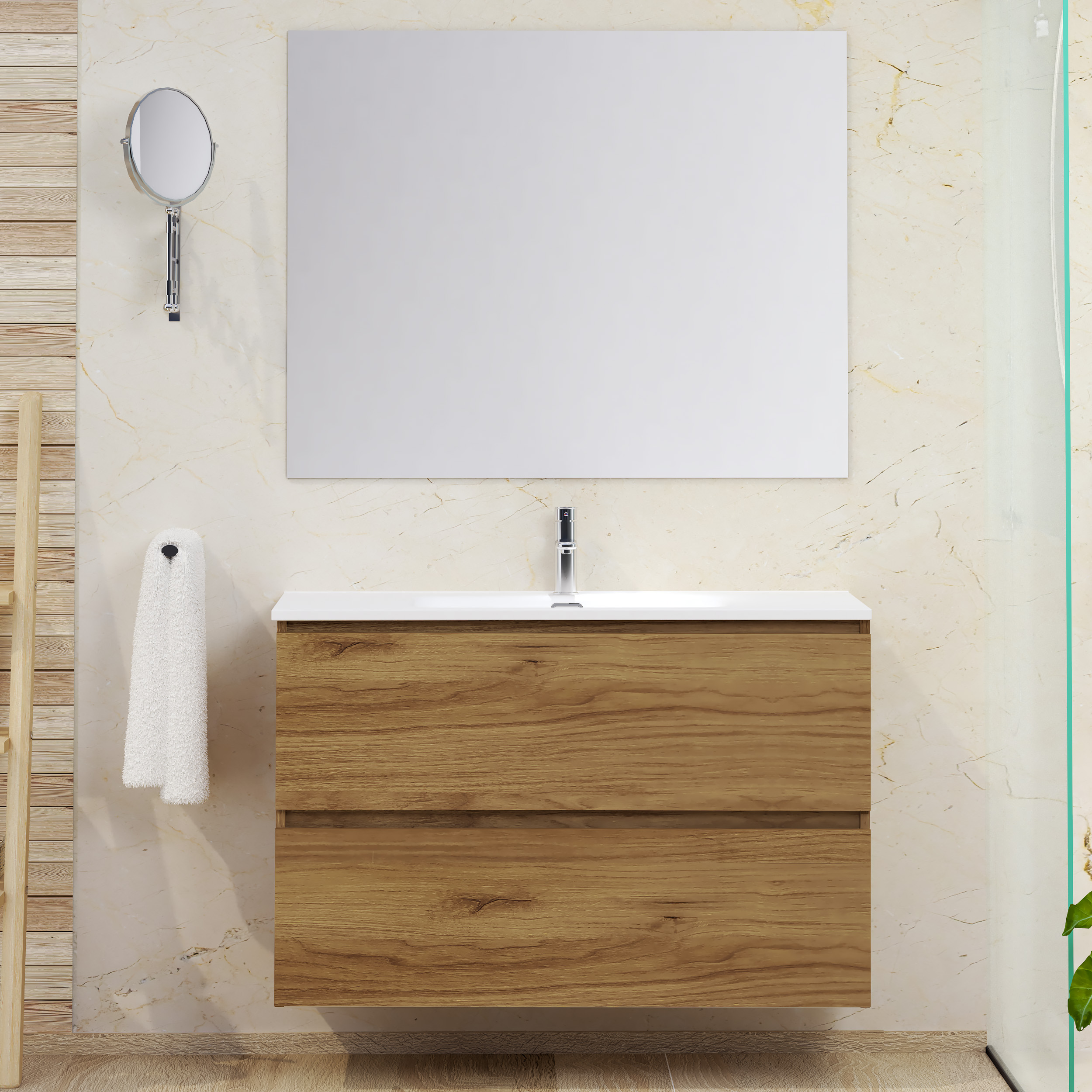 Mueble de baño con lavabo y espejo two teca natural mate 100x46 cm