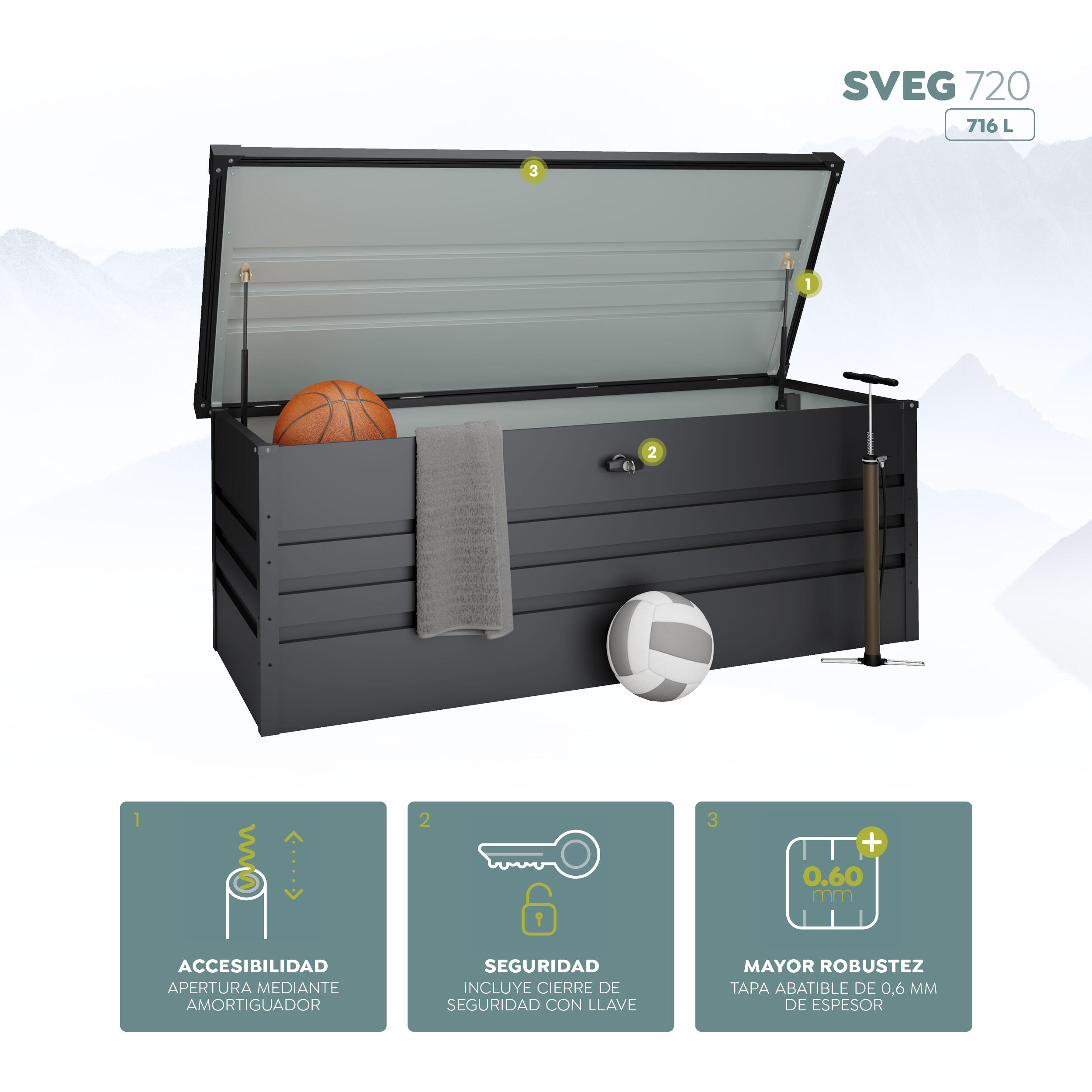 Arcón de metal para exterior HOGGAR Sveg 165 x 62 x 70 cm y capacidad de 716 L - 4