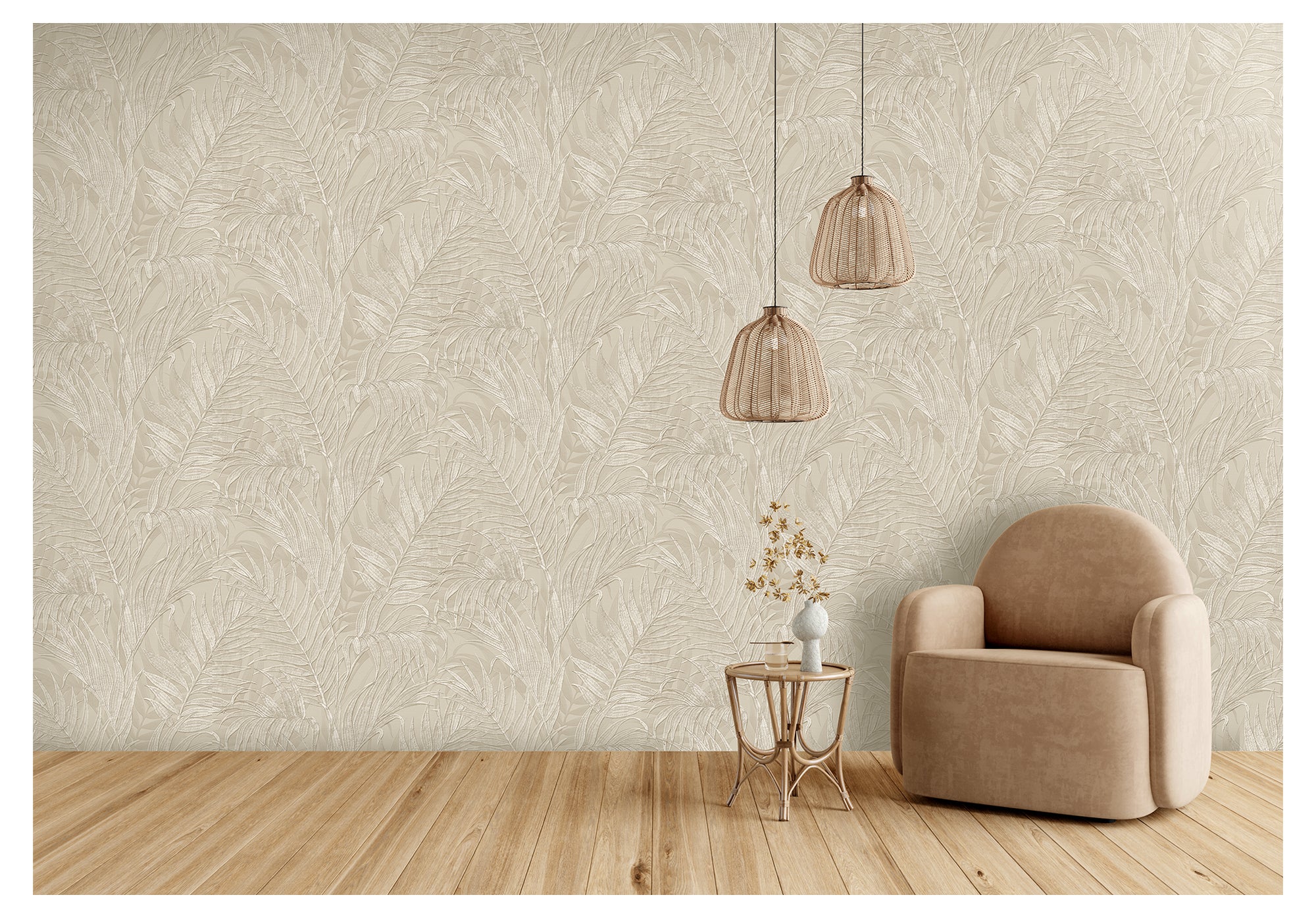 Papel pintado vinilo naturaleza hojas beige