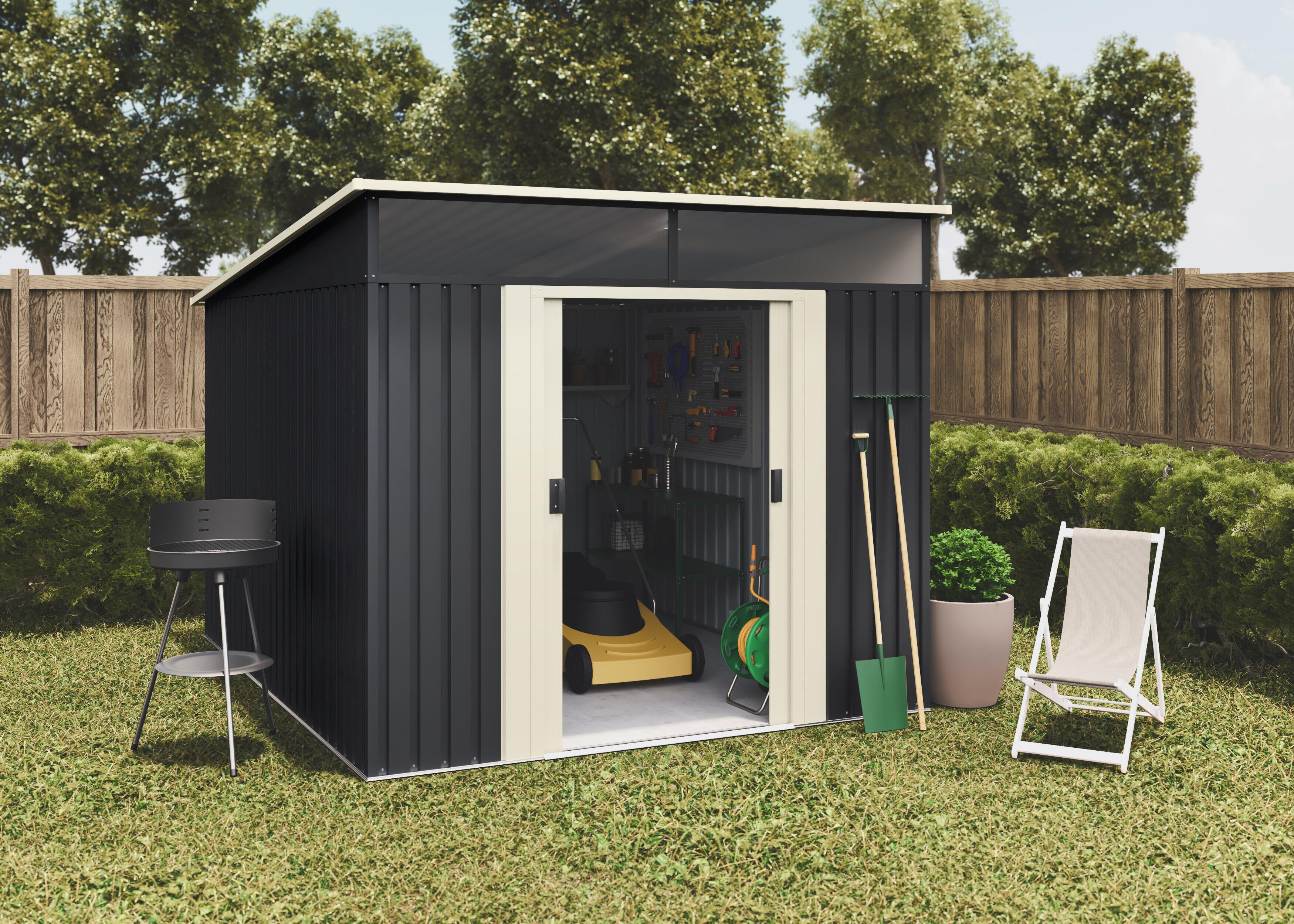 Caseta de acero Slevik II de 238x203x279 cm y 6.6 m2 con 0.25 mm espesor y doble puerta corredera HOGGAR - 3