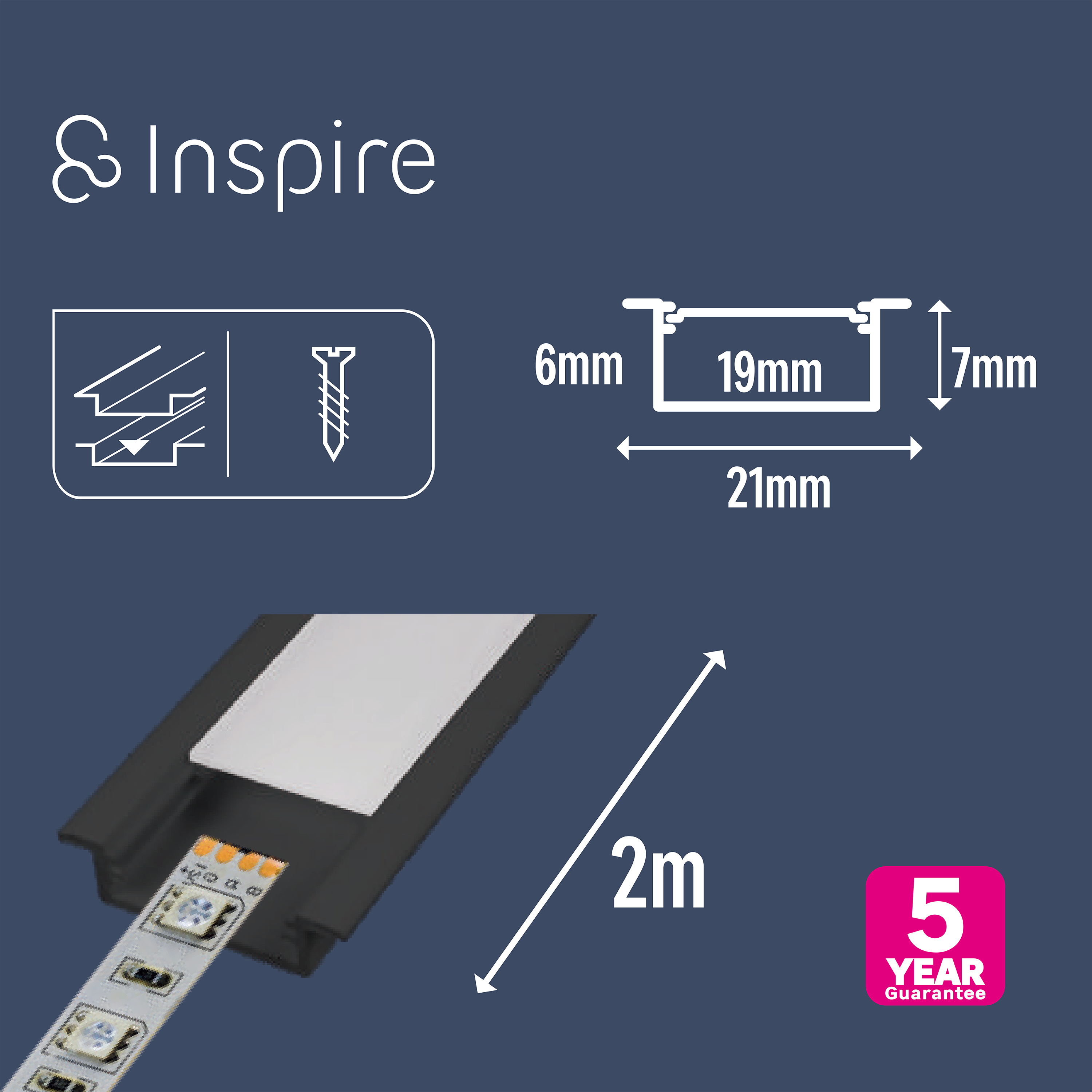 Profilé encastré 2 mètres pour ruban LED, noir, INSPIRE - 4