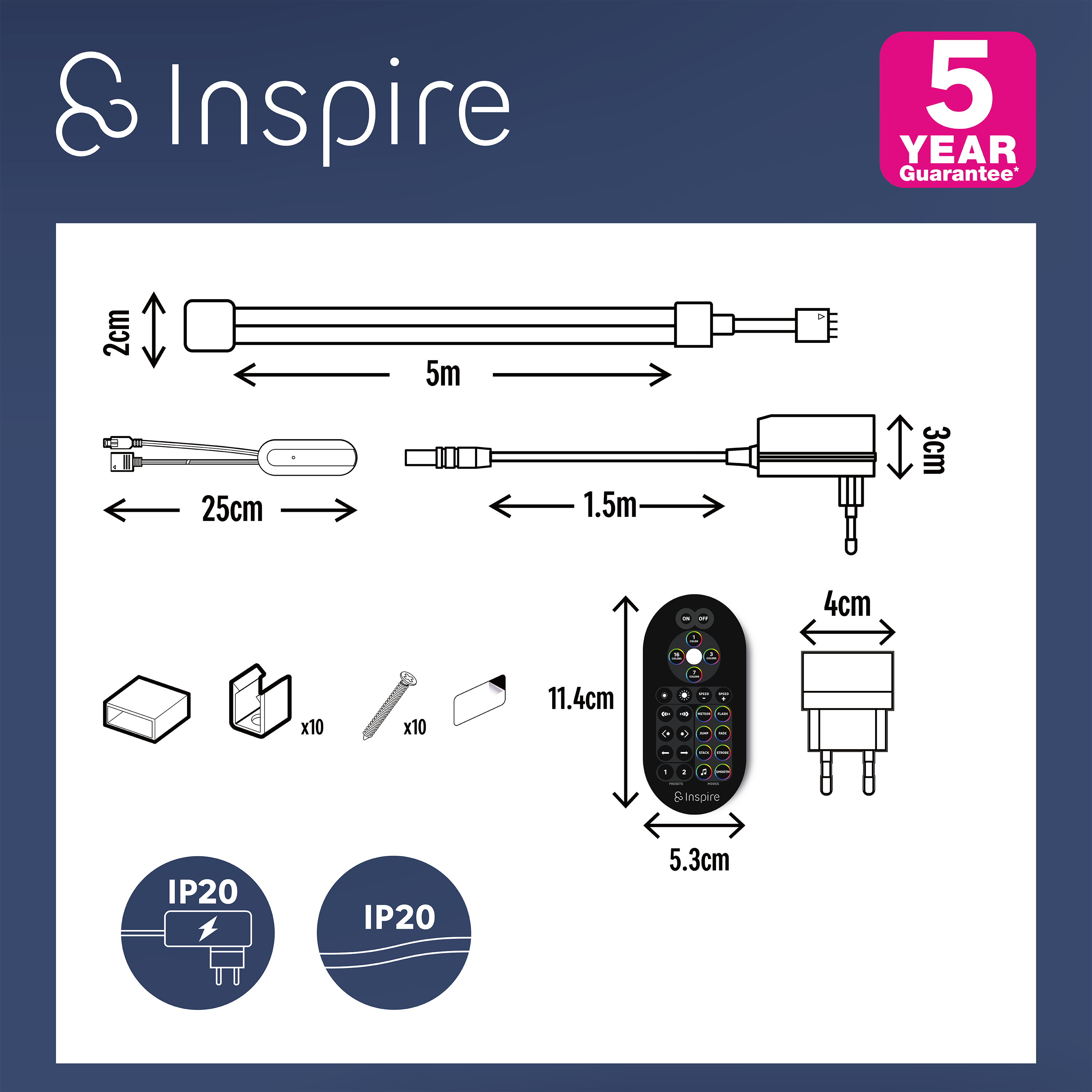 Kit tira LED 220-240V SMD 5050 INSPIRE IP20 apto para zonas secas luz RGB 5 metros corte c/7.14cm - 7