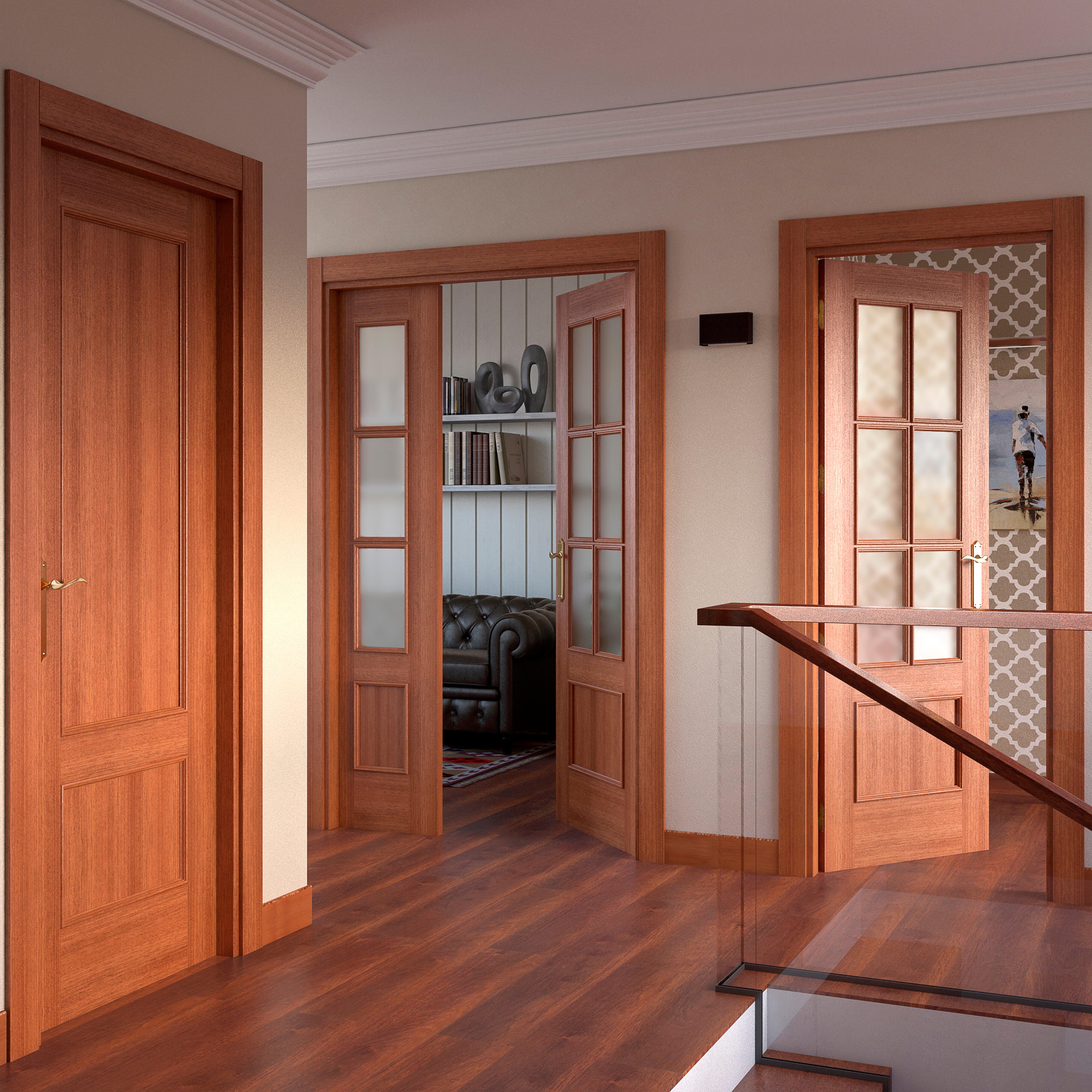 Puerta de interior abatible doble con cristal maciza barnizada Line Plus Atenas sapelly apertura derecha cerco de 7x3 anchura 125cm - 3