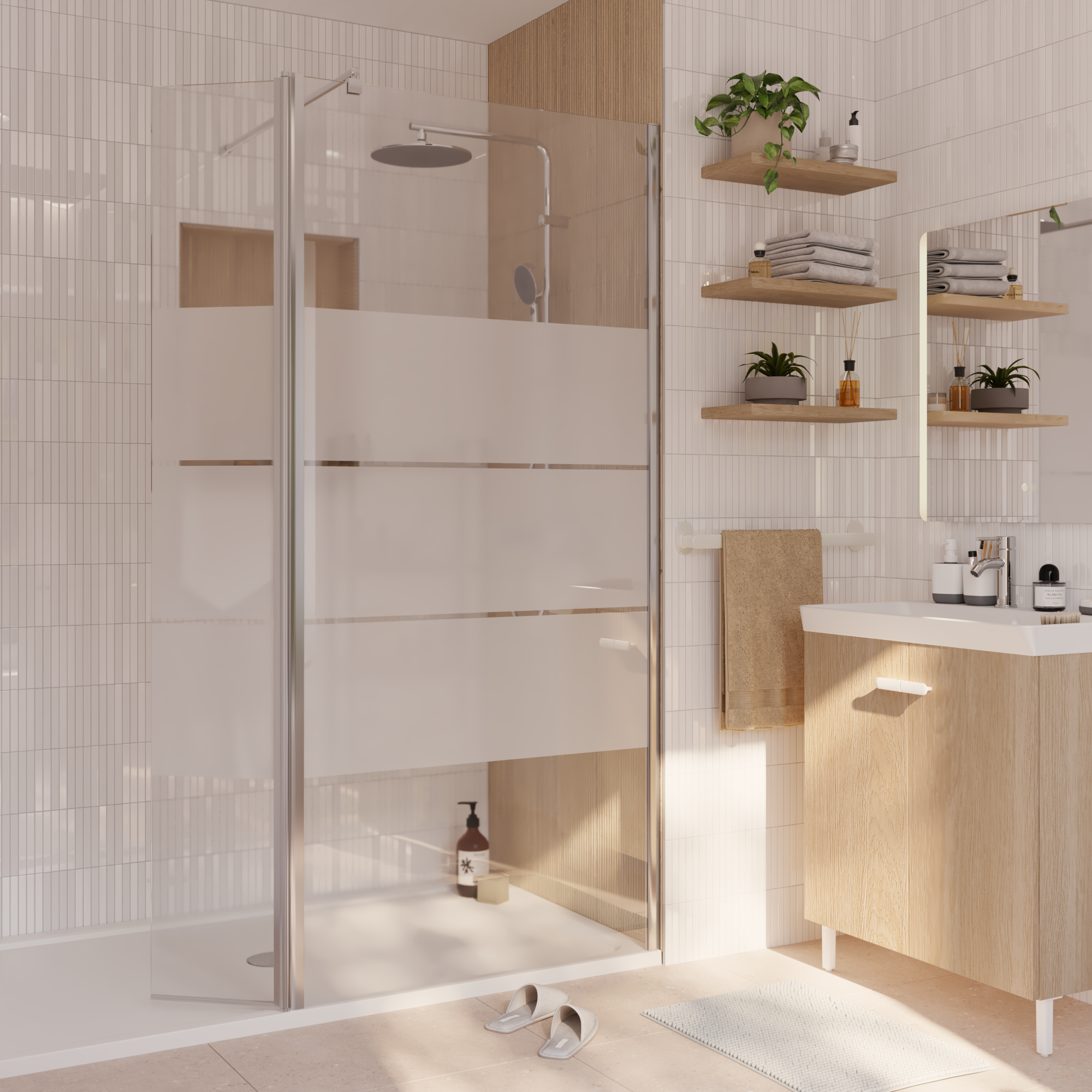 Mampara de ducha fija serigrafiada easy perfil aluminio cromo (87-88.5)x195 cm cristal 6mm reversible 1 barra de estabilización 100 cm (recortable) marca sensea