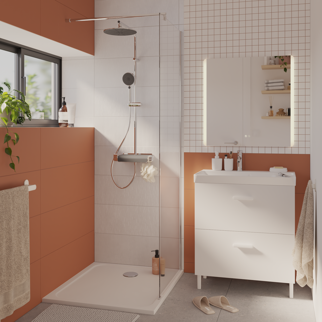 Mampara de ducha fija Easy perfil aluminio cromo (67-68.5)x195 cm cristal templado 6mm transparente antical reversible. Barra fijación muro o techo recortable incluida Sensea