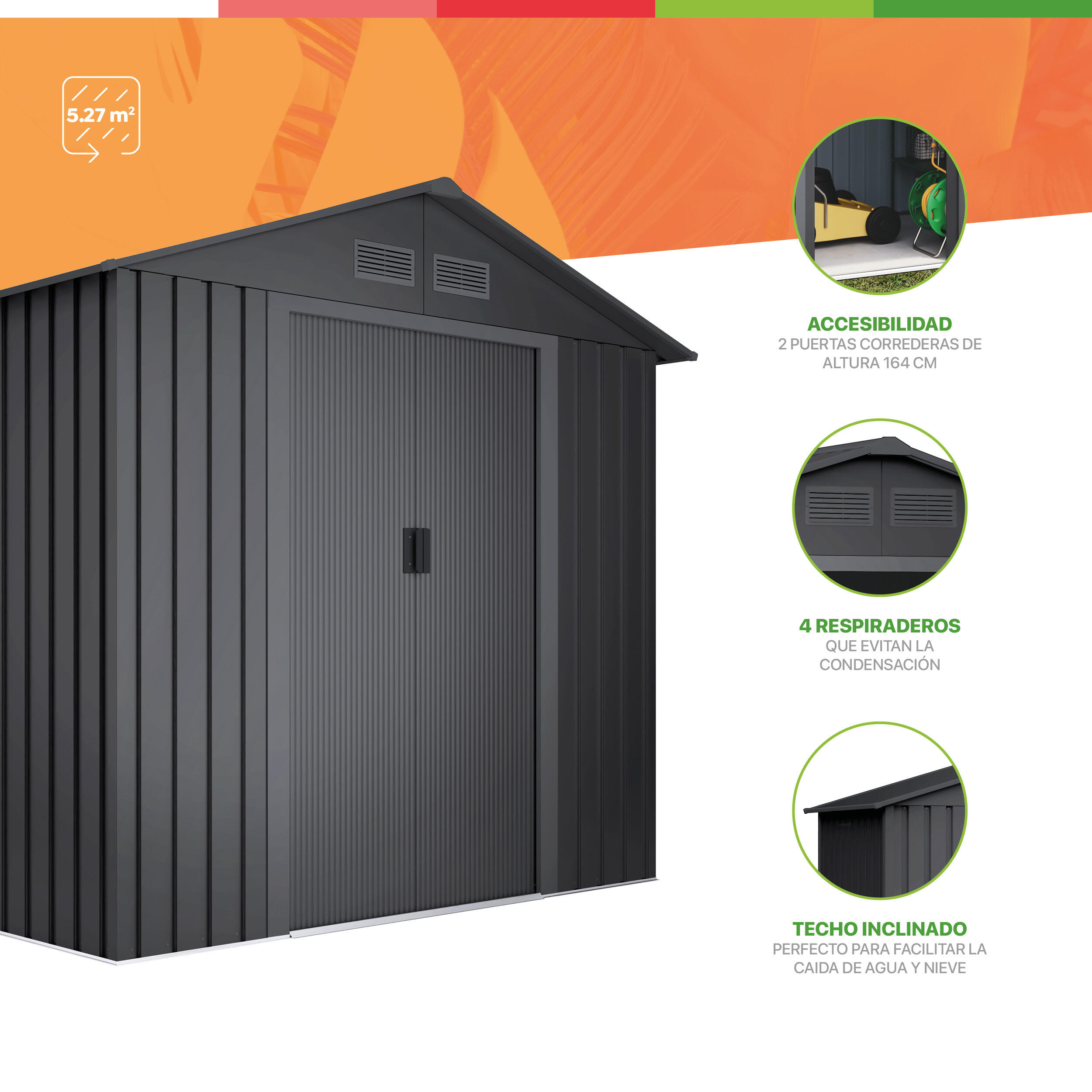 Caseta de metal Wasabi Light Anthracite de 261x202x202 cm y 5.27 m2 con 0.25 mm espesor y doble puerta corredera WASABI - 6