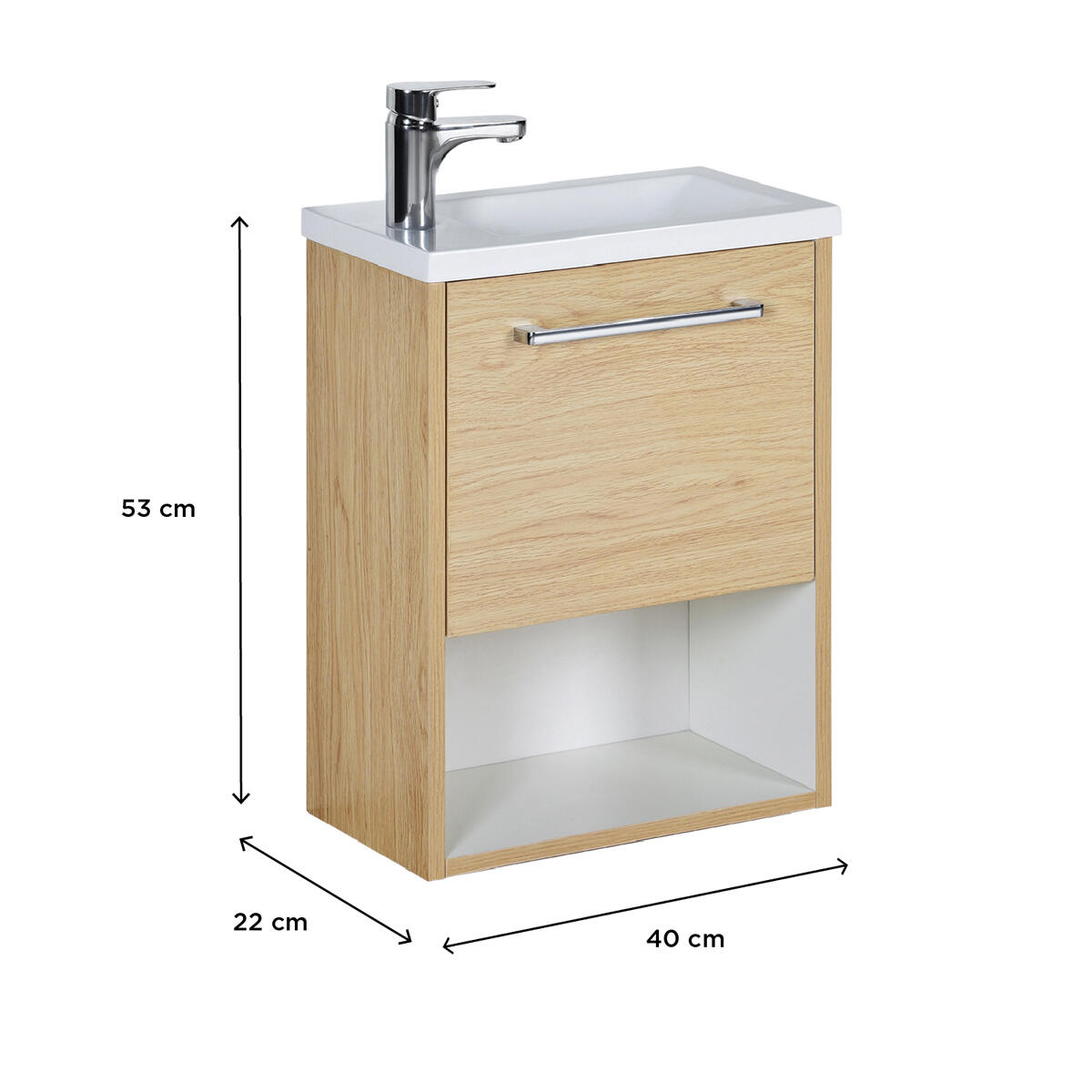 Meuble lave-mains, 1p l.40 x H.53 x P.22 cm, décor chêne/niche blanche, Nika - 3