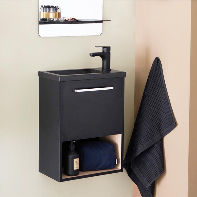 Meuble lave-mains, 1p l.40 x H.53 x P.22 cm, noir / niche décor chêne, Nika
