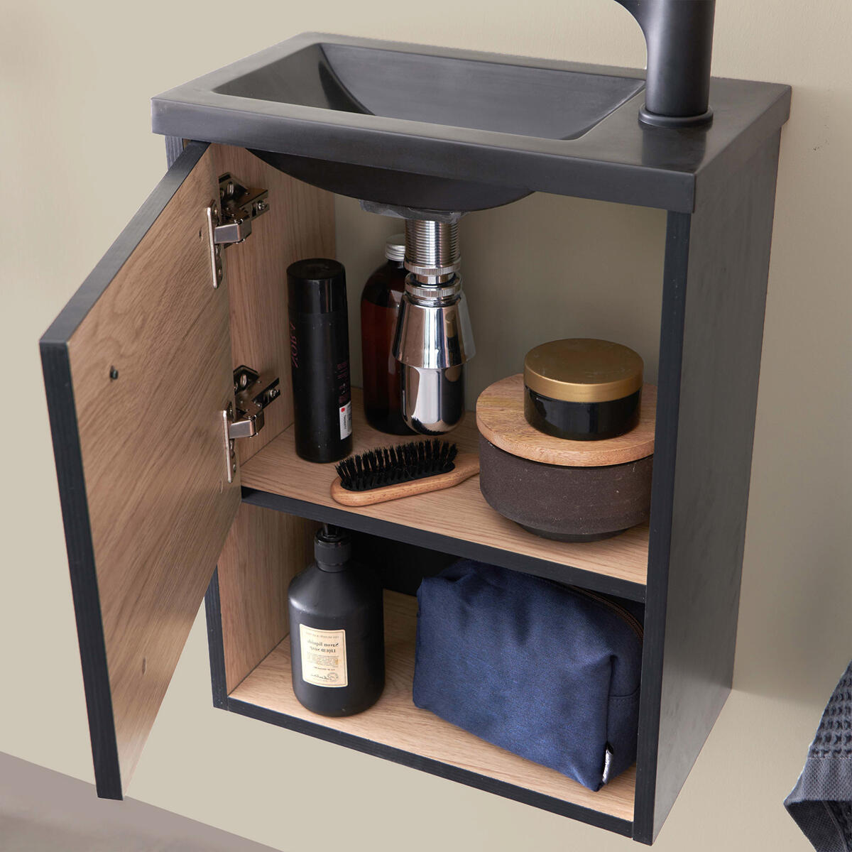 Meuble lave-mains, 1p l.40 x H.53 x P.22 cm, noir / niche décor chêne, Nika - 2