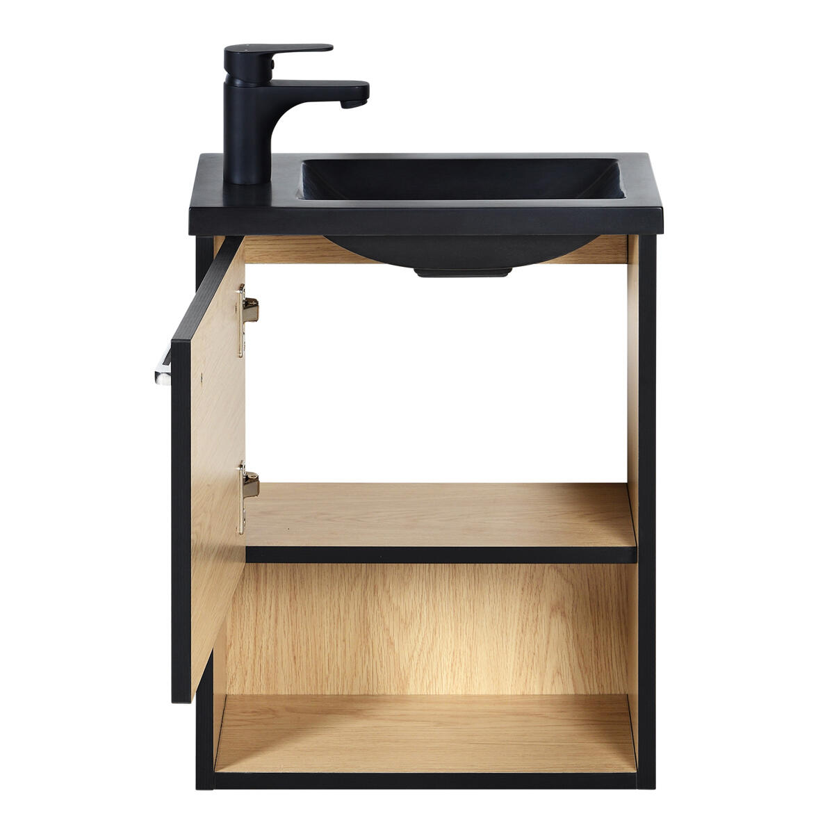 Meuble lave-mains, 1p l.40 x H.53 x P.22 cm, noir / niche décor chêne, Nika - 5