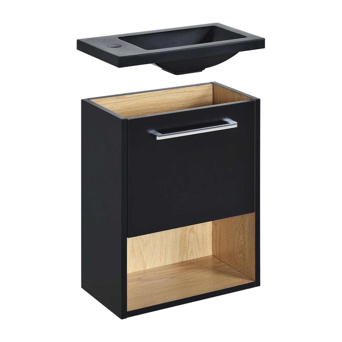 Meuble lave-mains, 1p l.40 x H.53 x P.22 cm, noir / niche décor chêne, Nika - 4