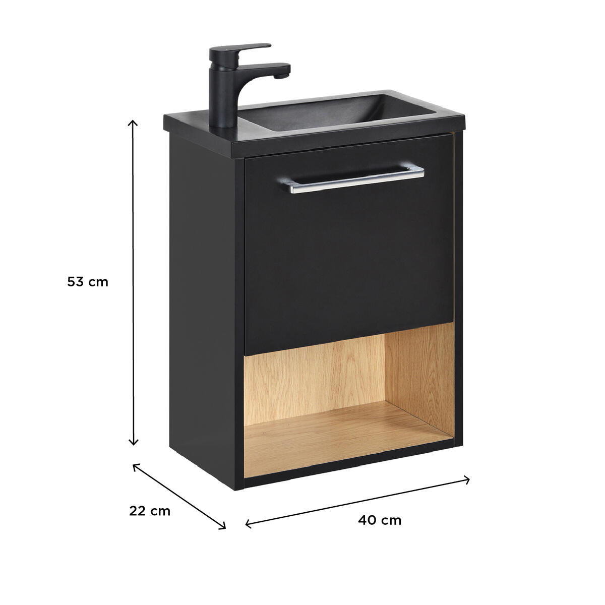 Meuble lave-mains, 1p l.40 x H.53 x P.22 cm, noir / niche décor chêne, Nika - 3