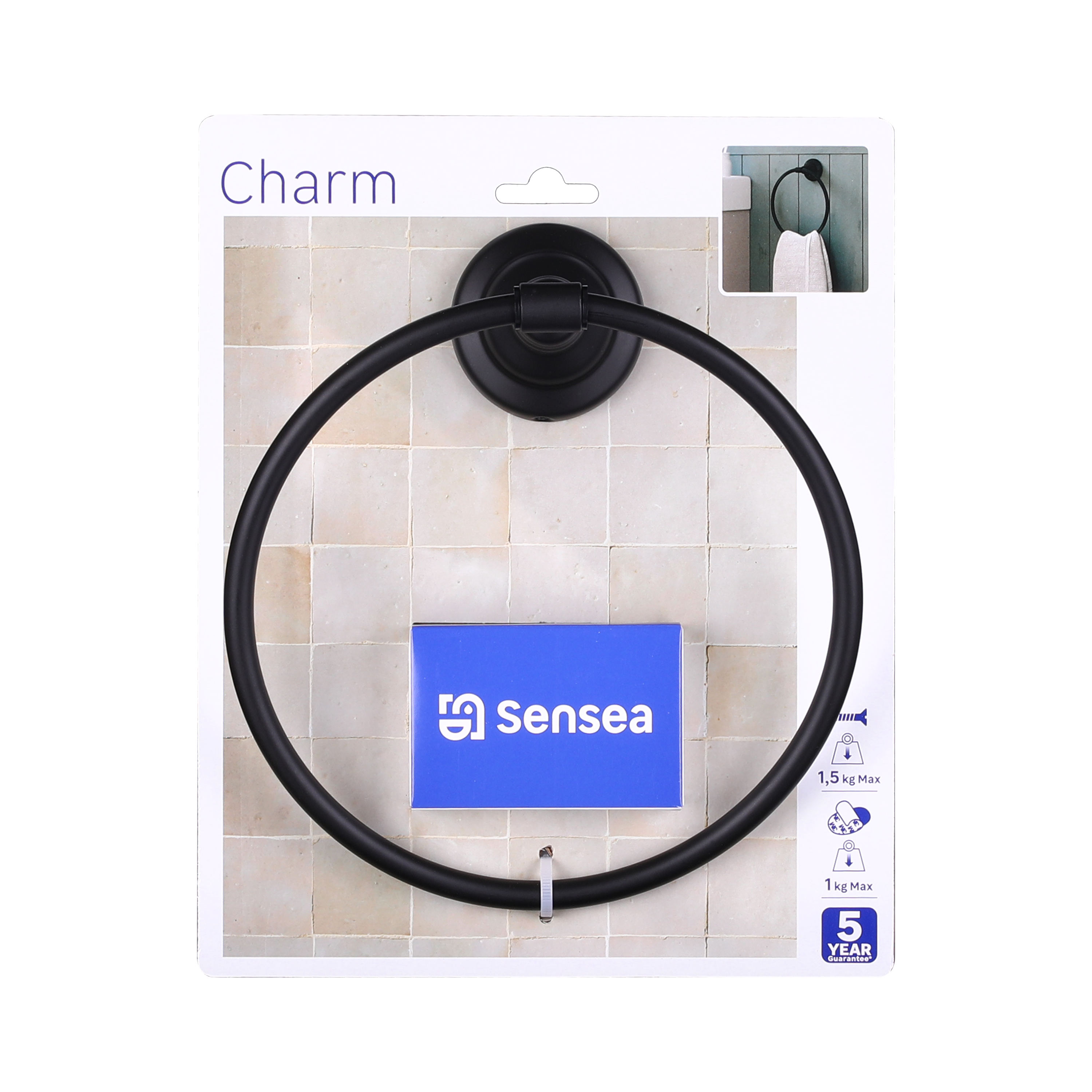 Uchwyt ścienny na ręczniki samoprzylepny lub przykręcany Charm czarny Sensea - 5