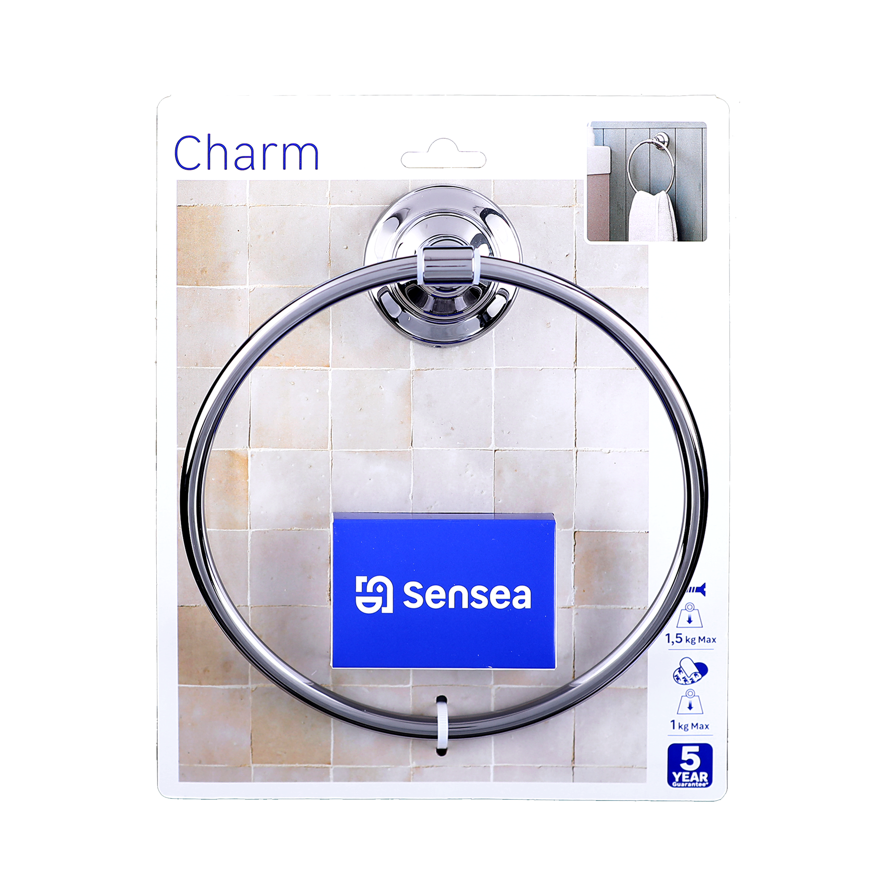 Anneau porte-serviette mural 1 barre à visser / à coller / à monter argent Charm - 9