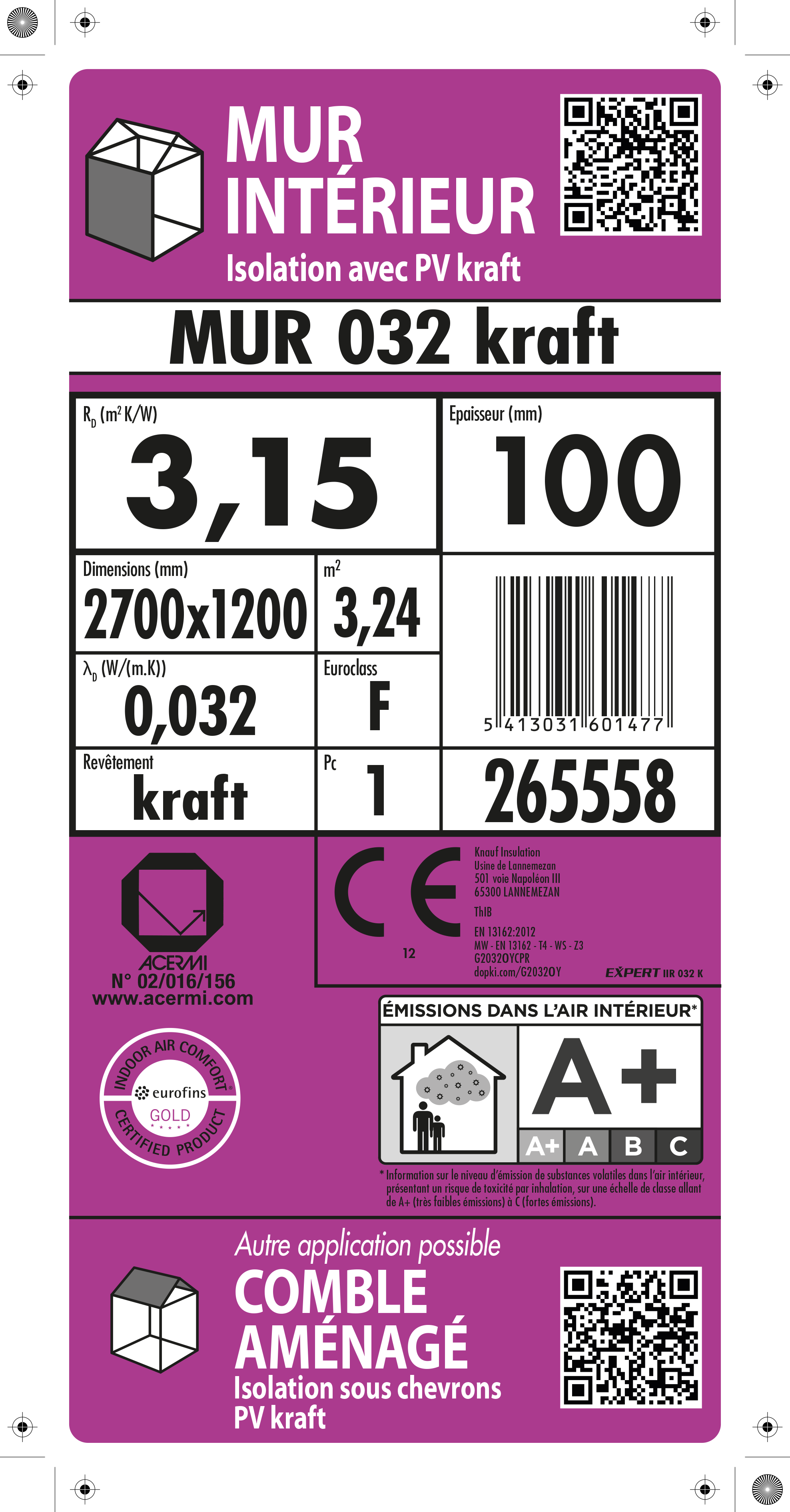 Rl de laine de verre roulé semi-rigide kraft TH32 R=3,15, Ep.100mm, 2.7x1.2m - KNAUF - 2