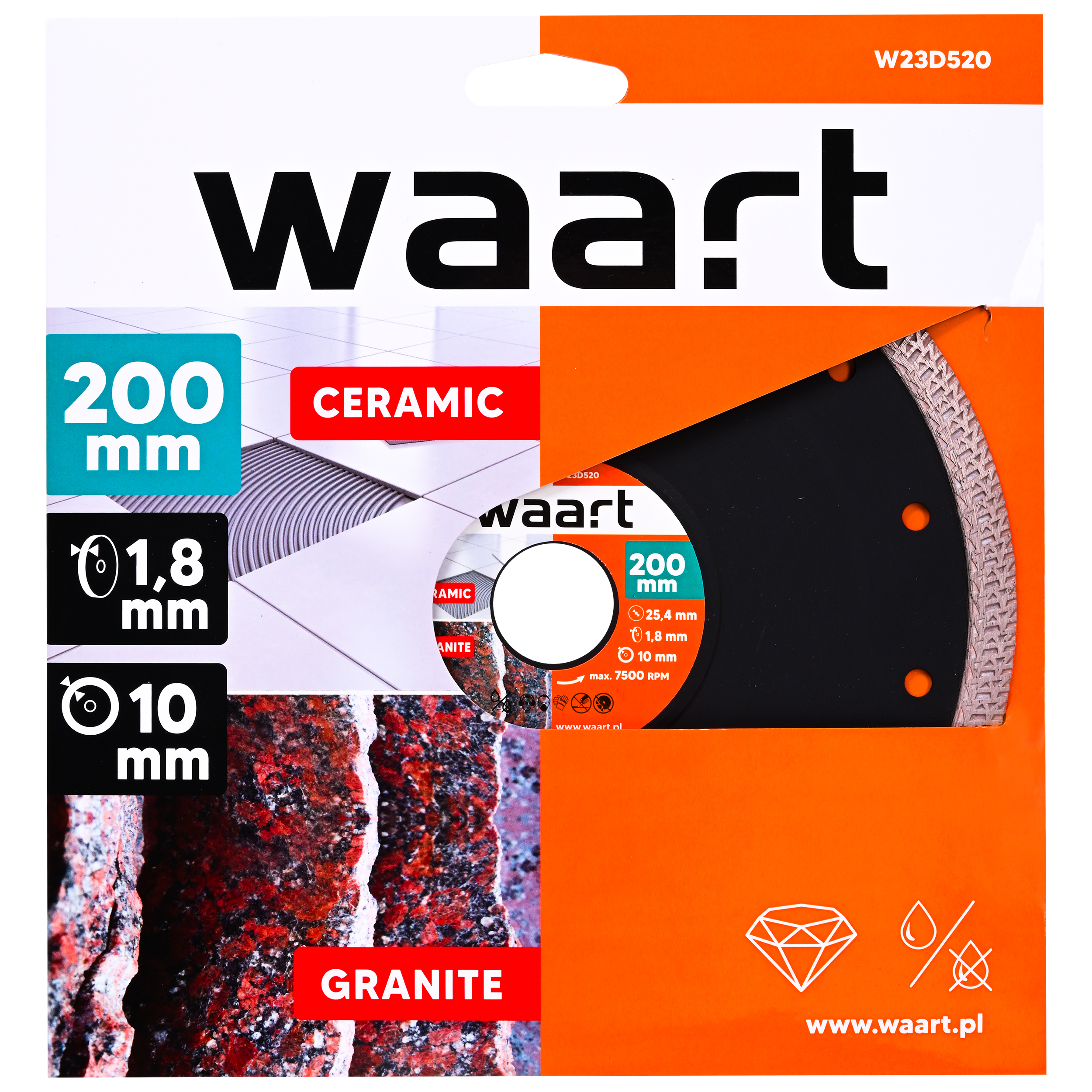 Tarcza diamentowa warkoczowa do granitu/ceramiki 200 x 25.4 mm WAART - 3
