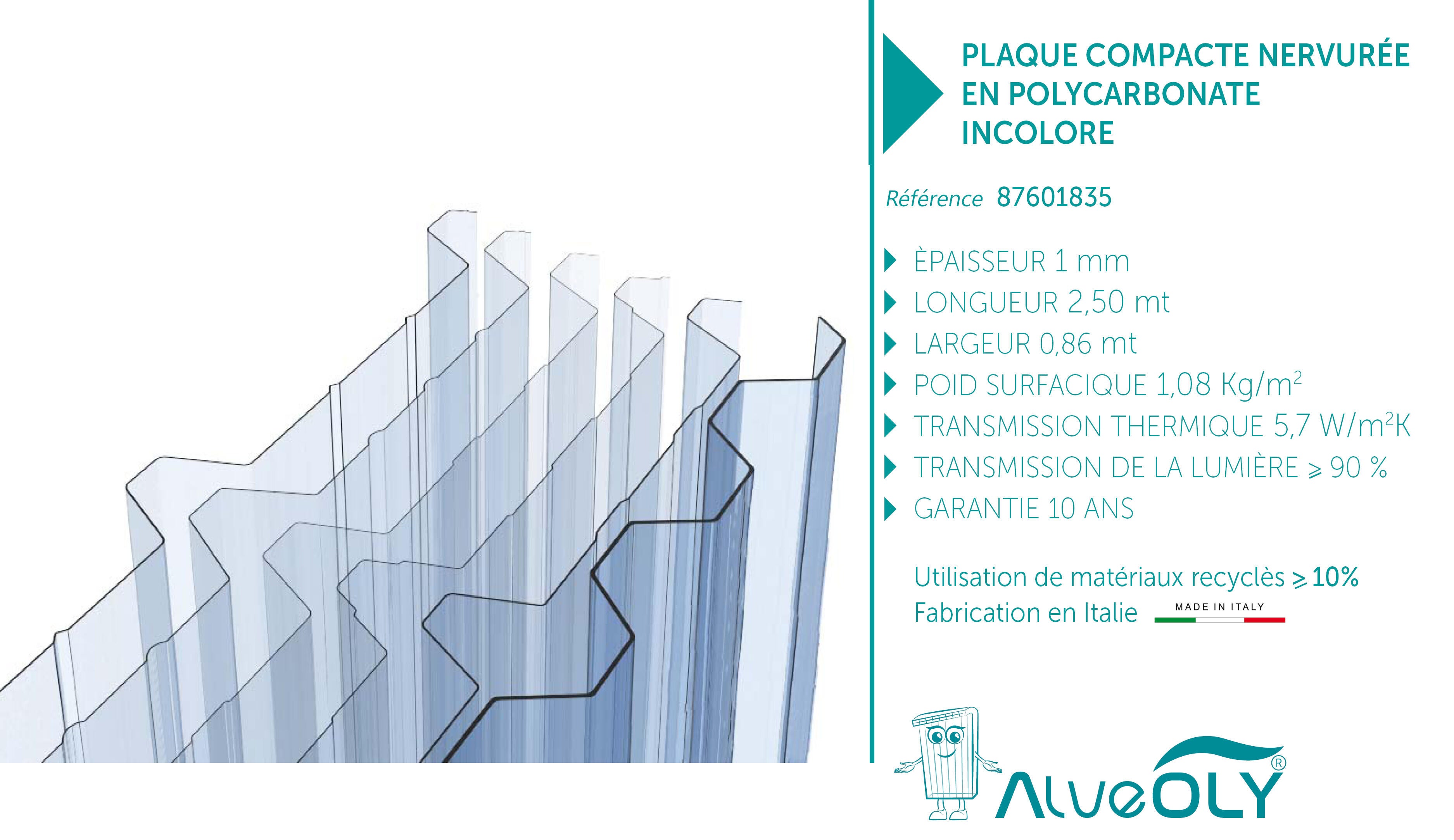 Plaque polycarbonate l.0,86 x L.2,5m, ep.0.8 mm, 1.05KG/M2, ALVEOLY - 6