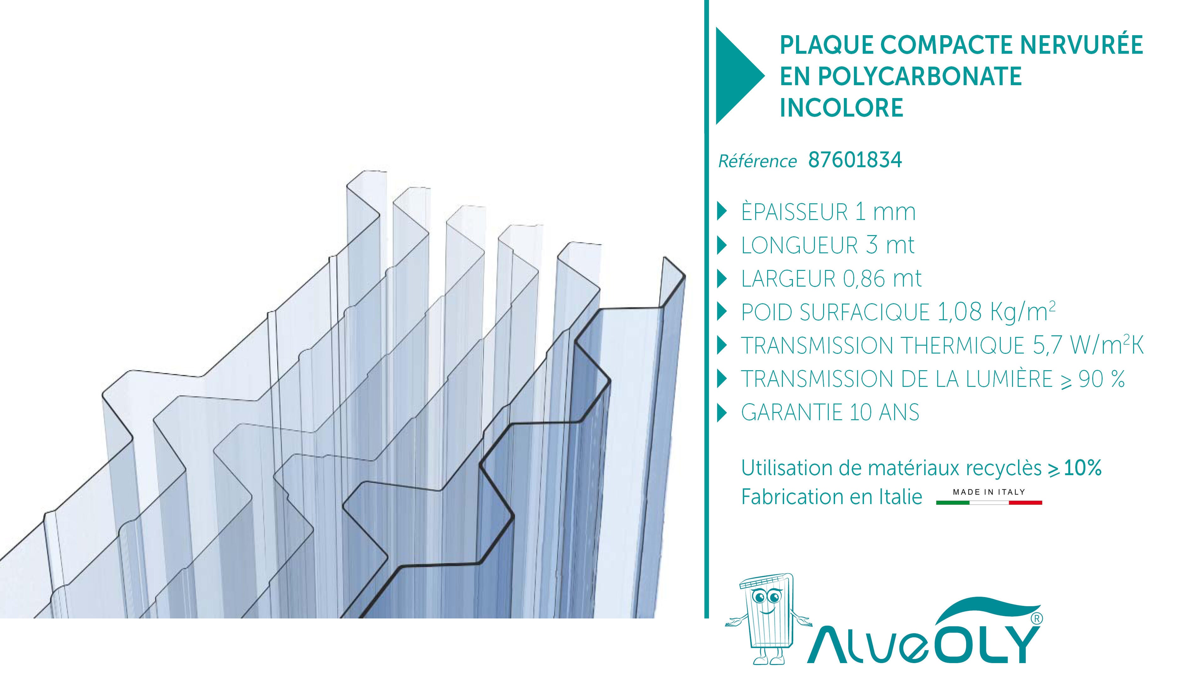Plaque polycarbonate l.0,86 x L.3m, ep.0.8 mm, 1.05 KG/M2, ALVEOLY - 5