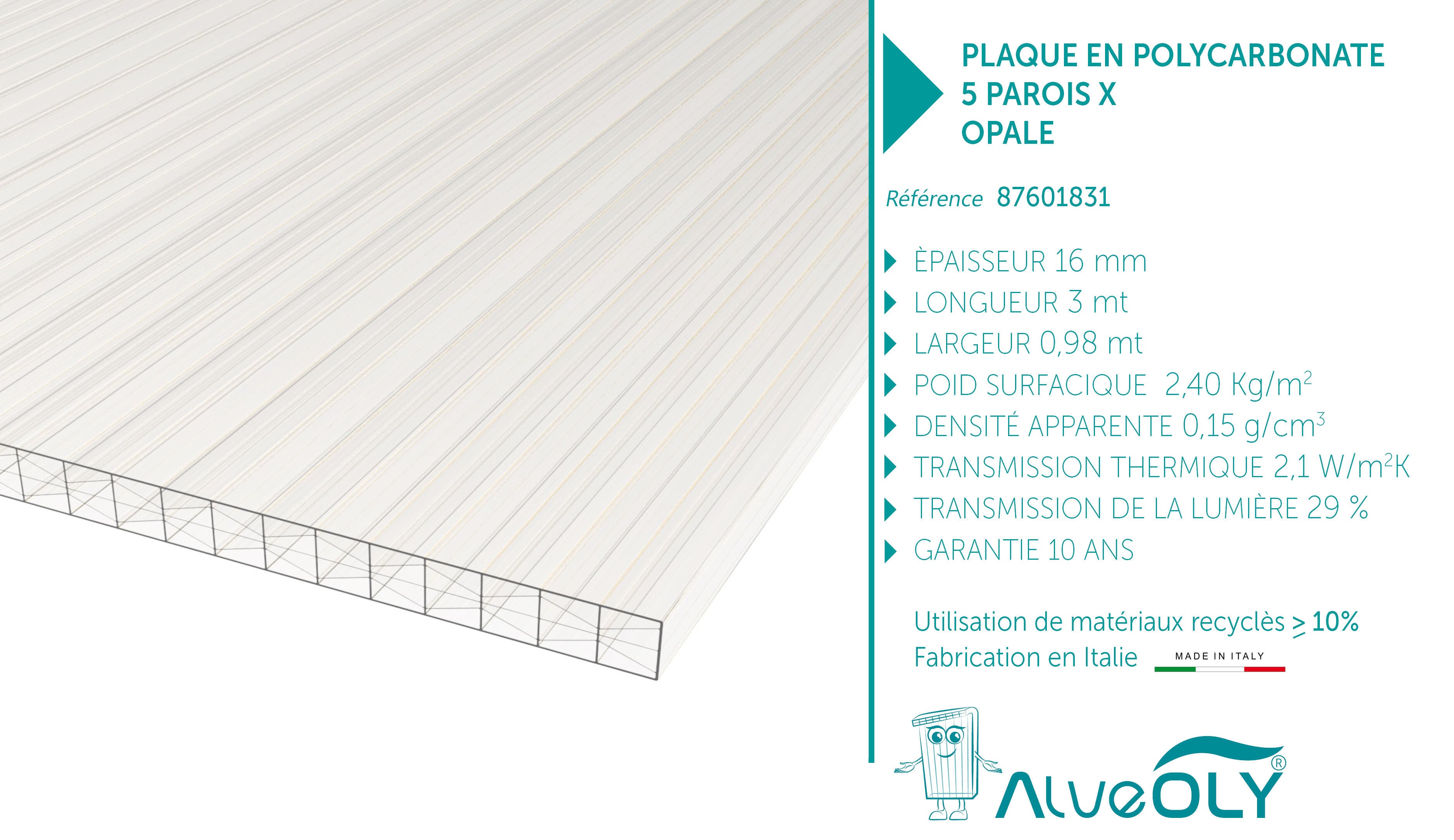 Plaque polycarbonate l.0,98 x L.3,02m, ep.16 mm, 2.45KG/M2 5 parois opaque - 6