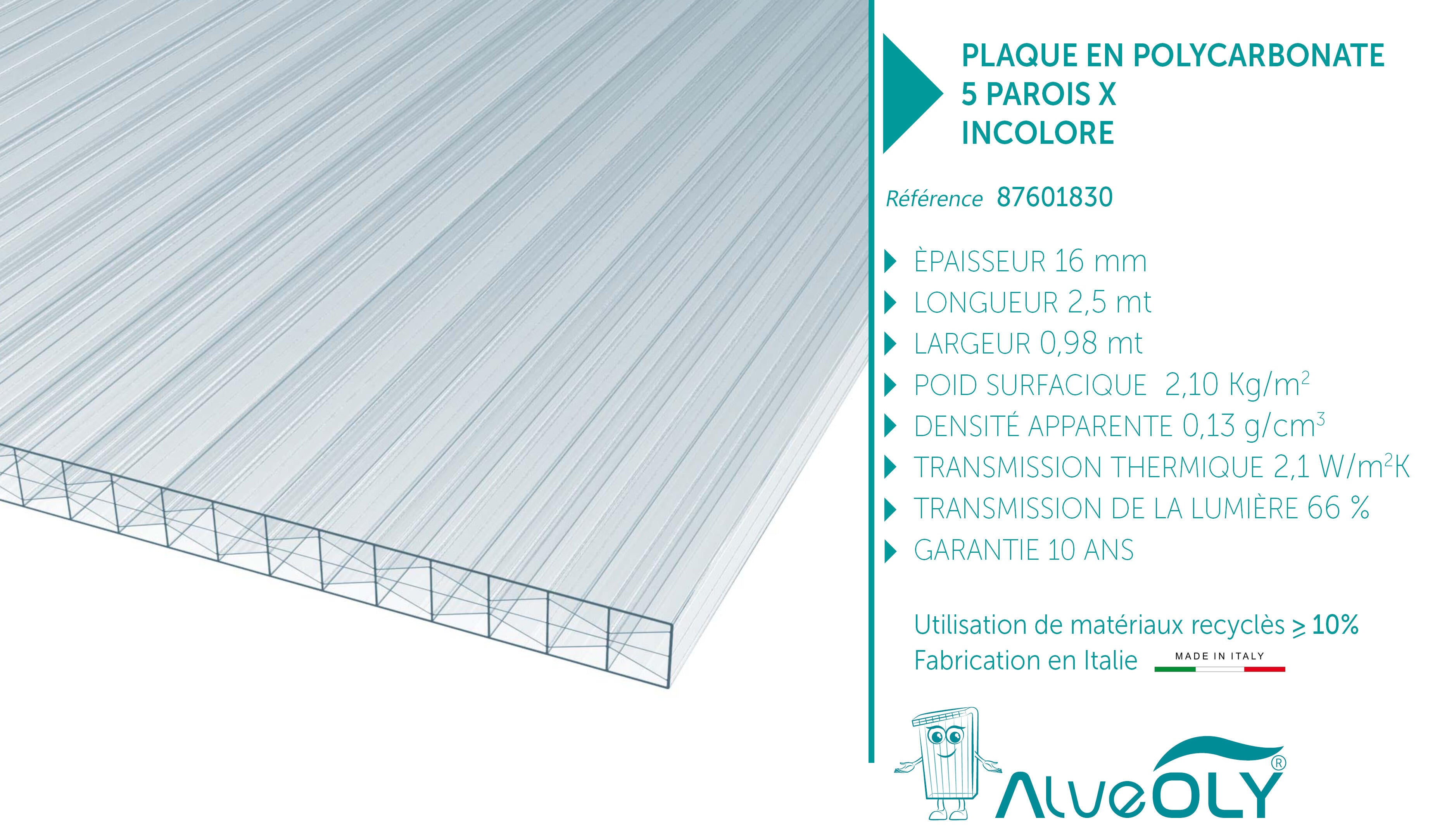 1PX Plaque polycarbonate l.0,98 x 2.5, ep.16 mm, 2.1 KG/M2 5 parois clair - 6