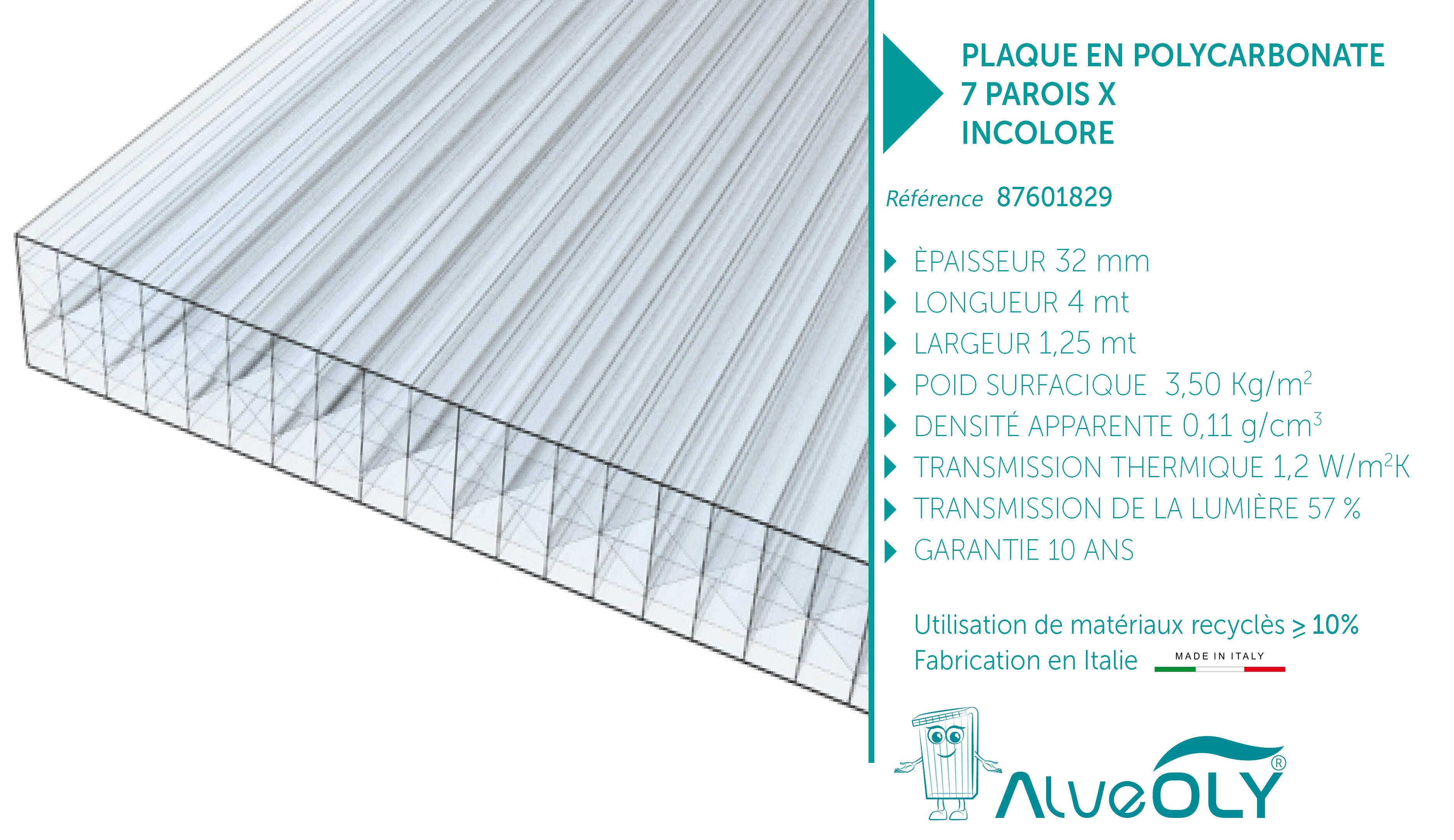 Plaque polycarbonate l.1,25 x L.4,02m, ep.32 mm, 3.55KG/M2 7 parois clair - 6