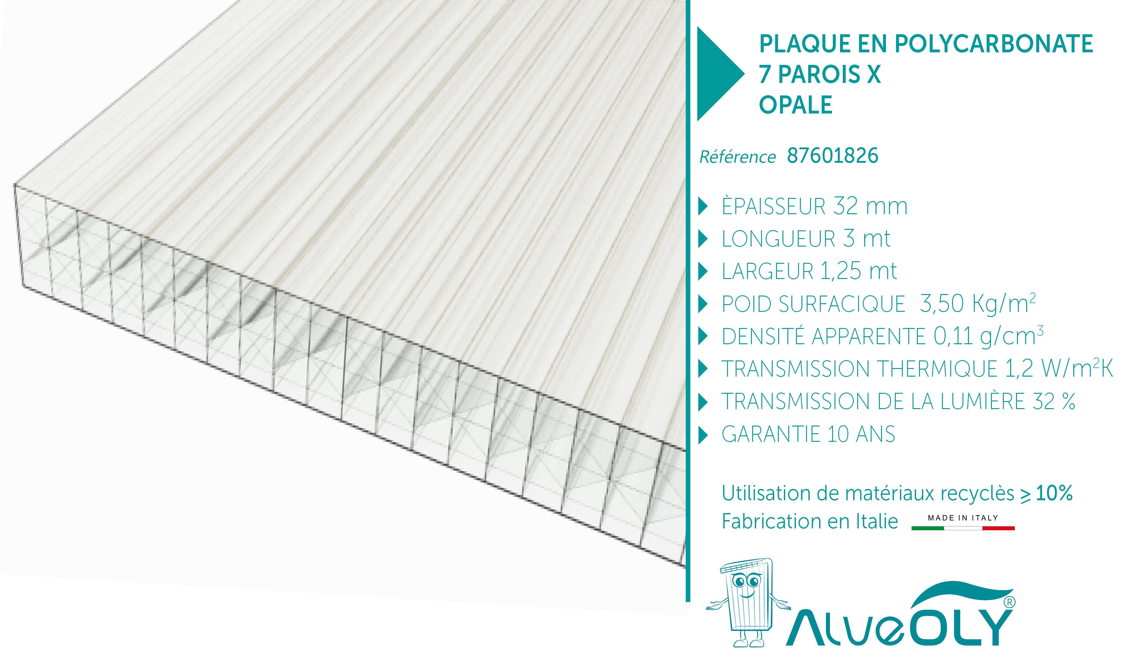 Plaque polycarbonate l.1,25 x L.3,02m, ep.32 mm, 3.55KG/M2 7 parois opaque - 6