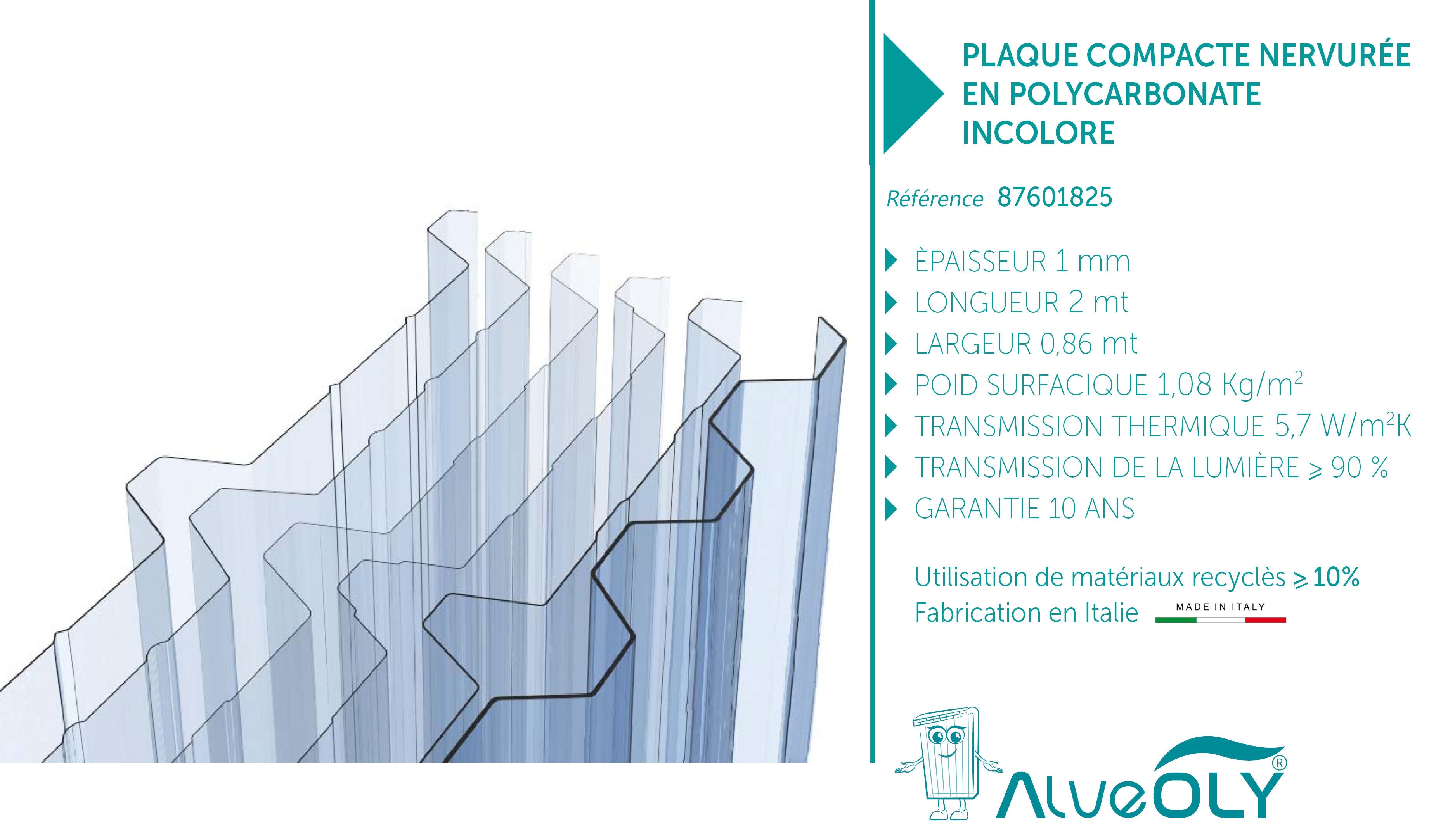 Plaque polycarbonate l.0,86 x L.2m, ep.8 mm, 1.05KG/M2, ALVEOLY - 6